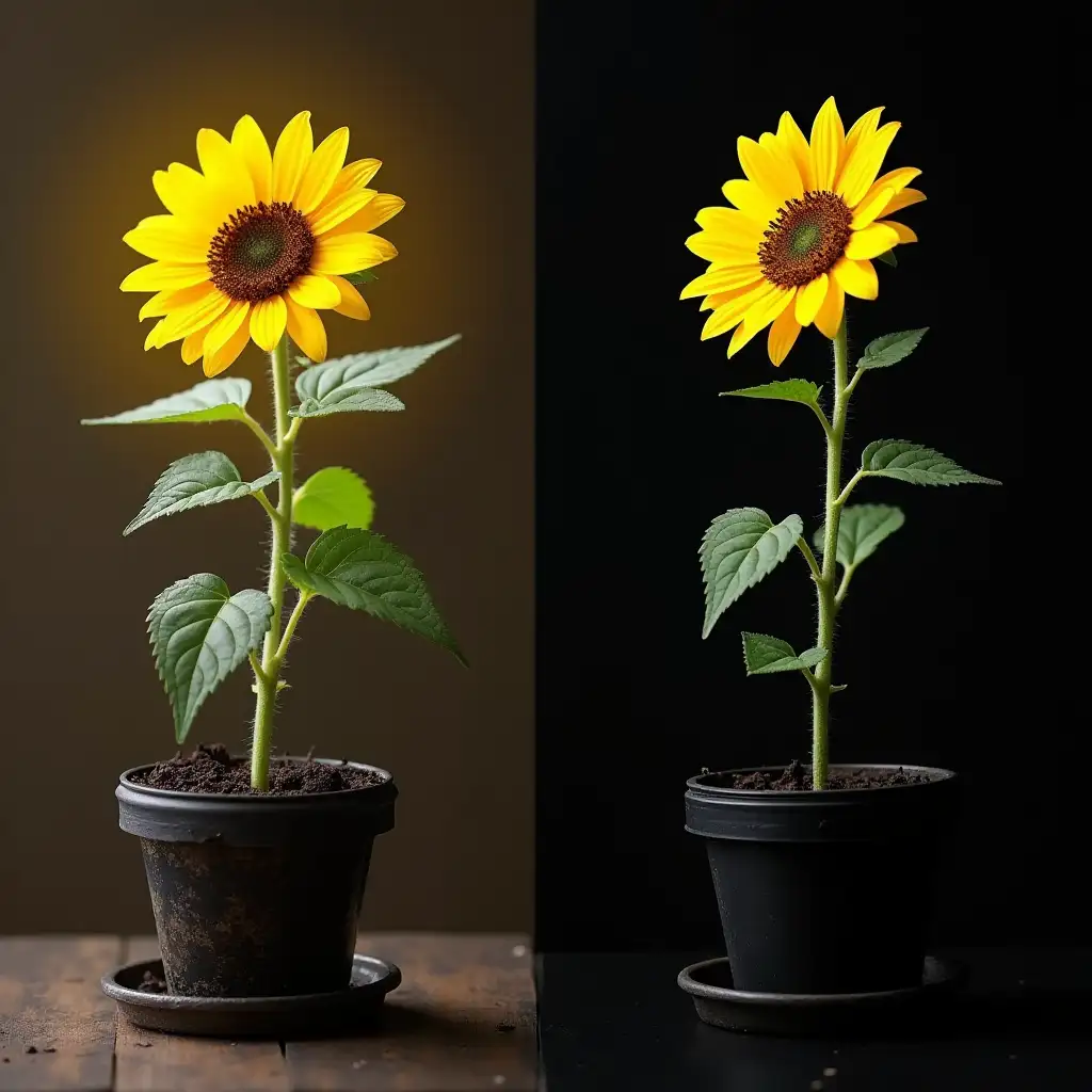 Make an image with a sunflower seed in a container germenating, 2 exposed to a florescent lamp, and 1 exposed to the dark and inside a black container