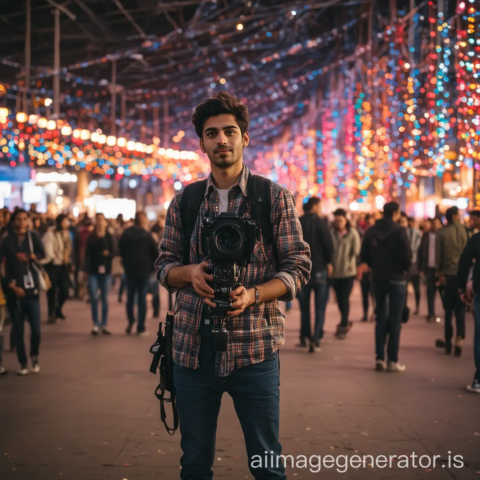 a young persian cameraman, with casual wear, filming a crowded expo with colorful lights in background