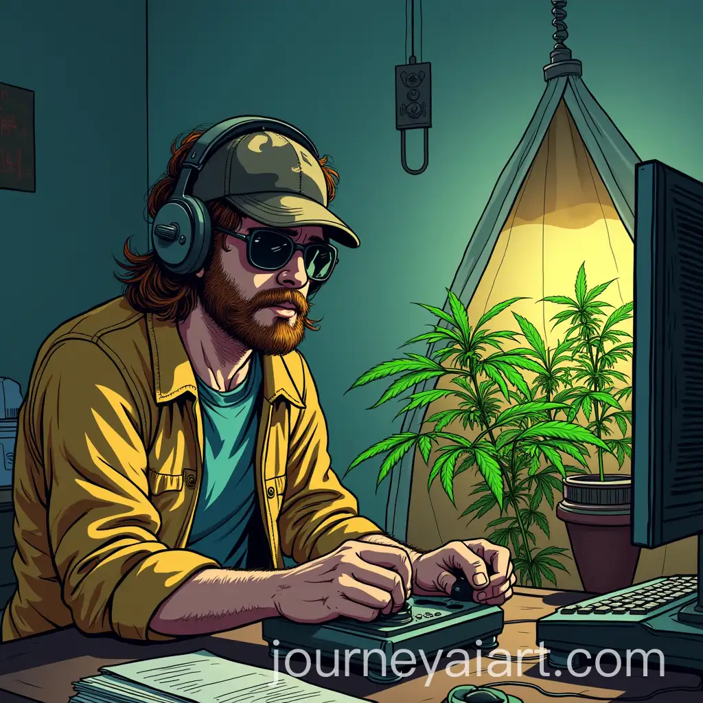 Comic-Style-Pothead-Playing-Video-Games-with-Old-Joystick-and-Cannabis-Tent-Background