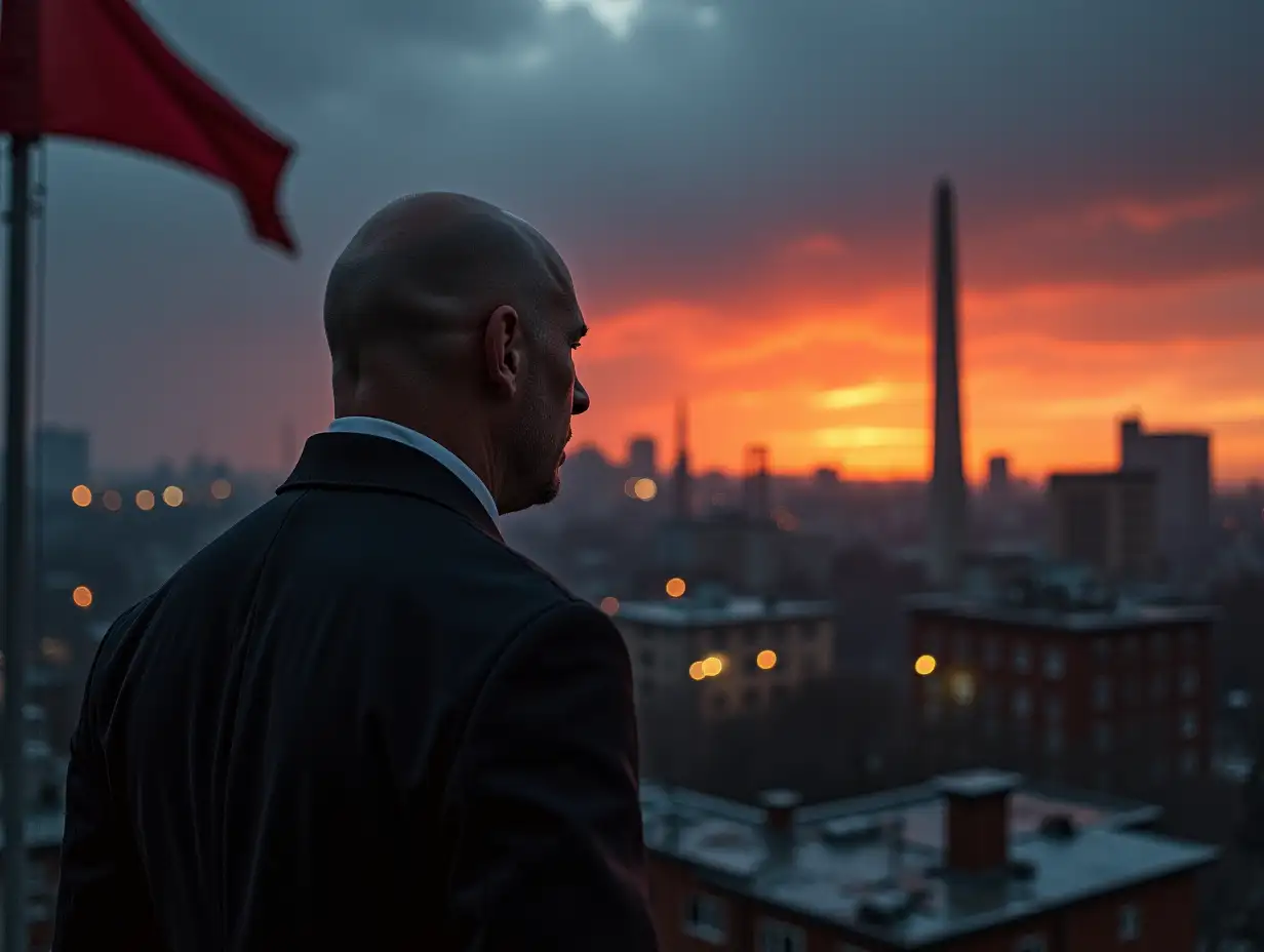 Lenin at dawn. Industrial city. Thunderstorm in the background. Aurora. Red flags.