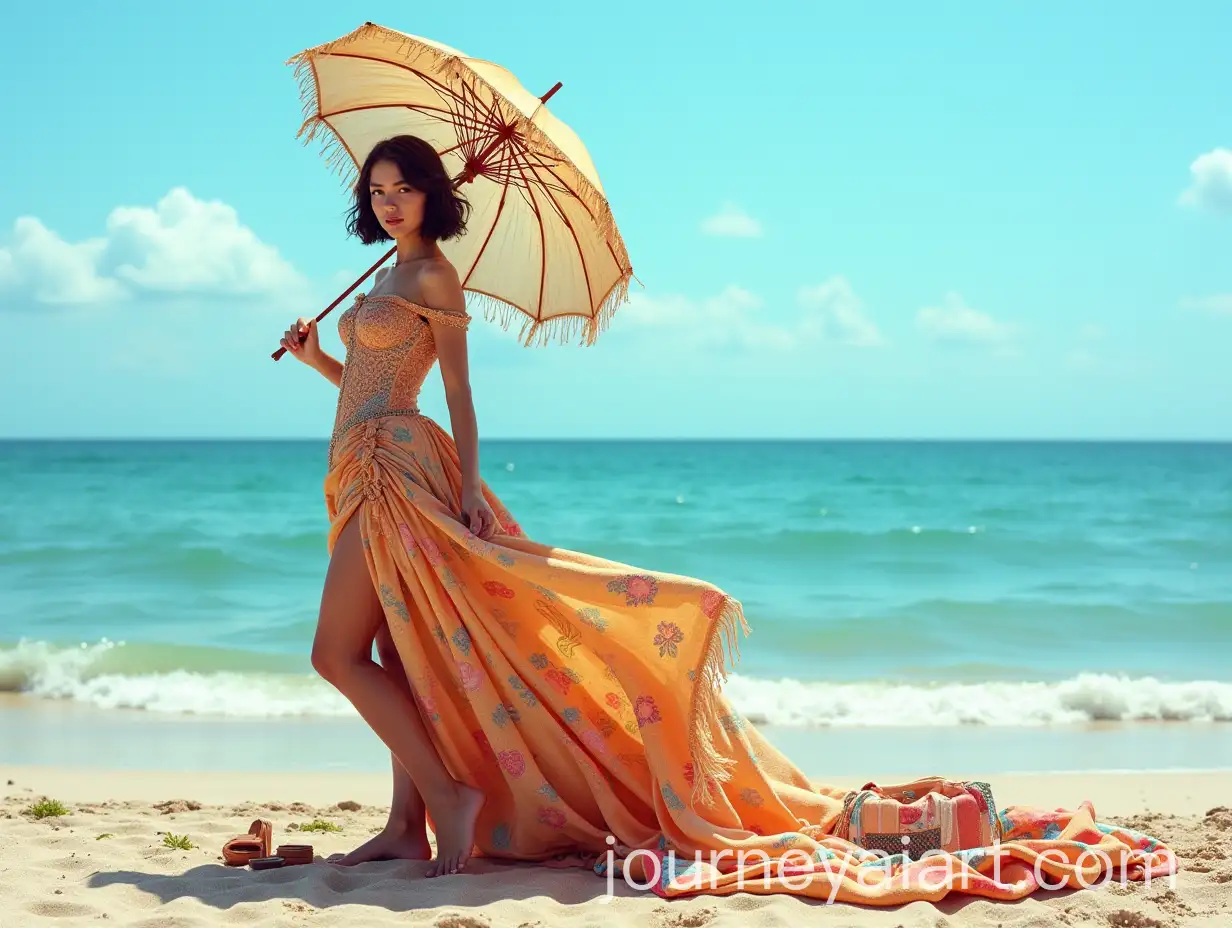 Young-Woman-inAI-Art-Prompt-Expansion-Luxurious-Historical-Dress-on-Sandy-Beach-with-Umbrella