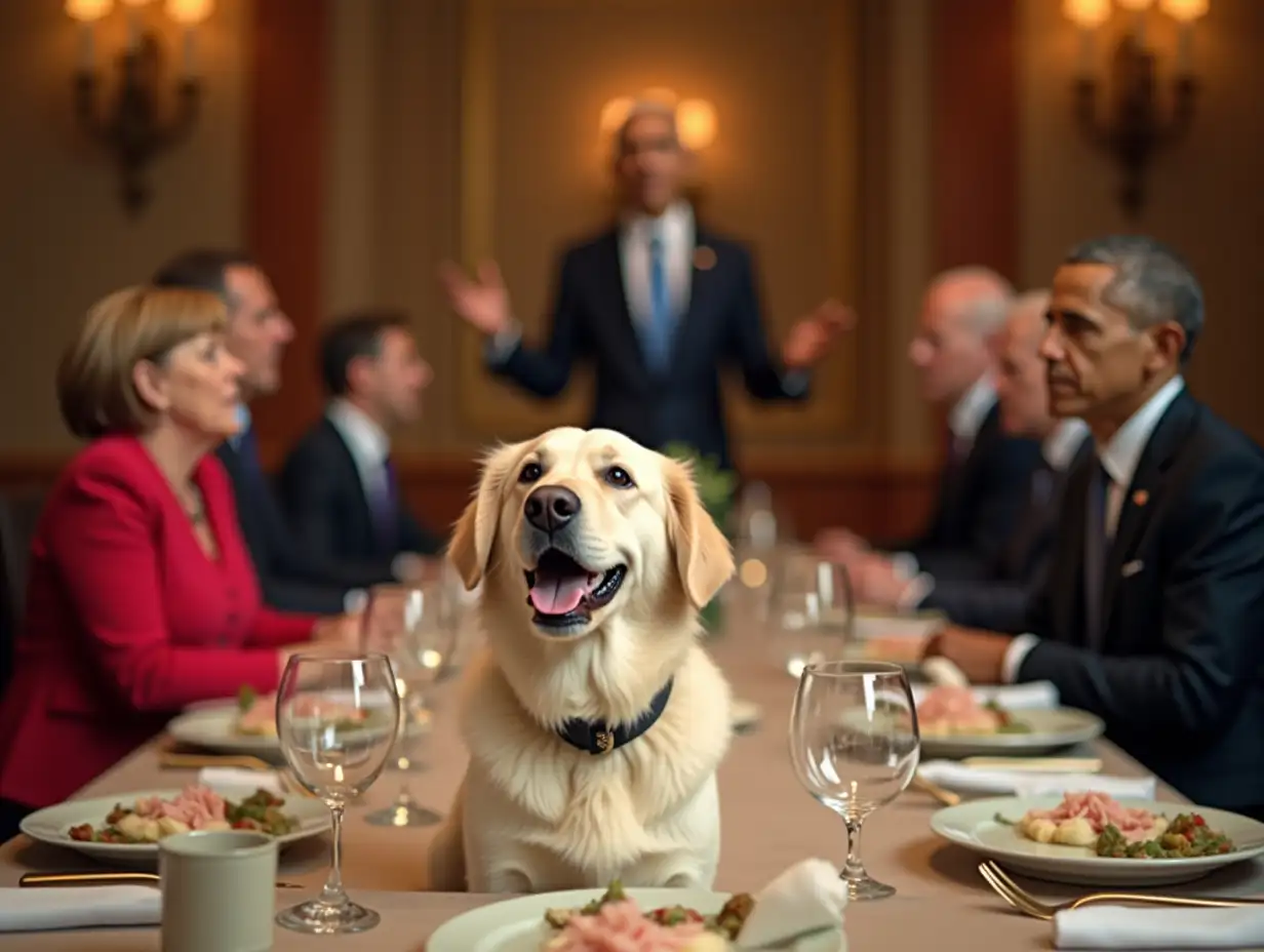 Chancellor Merkel with president Obama,at the dinner table, in background President Biden is giving a speech, on the table sits a white friendly golden retriever with a socke in the snout