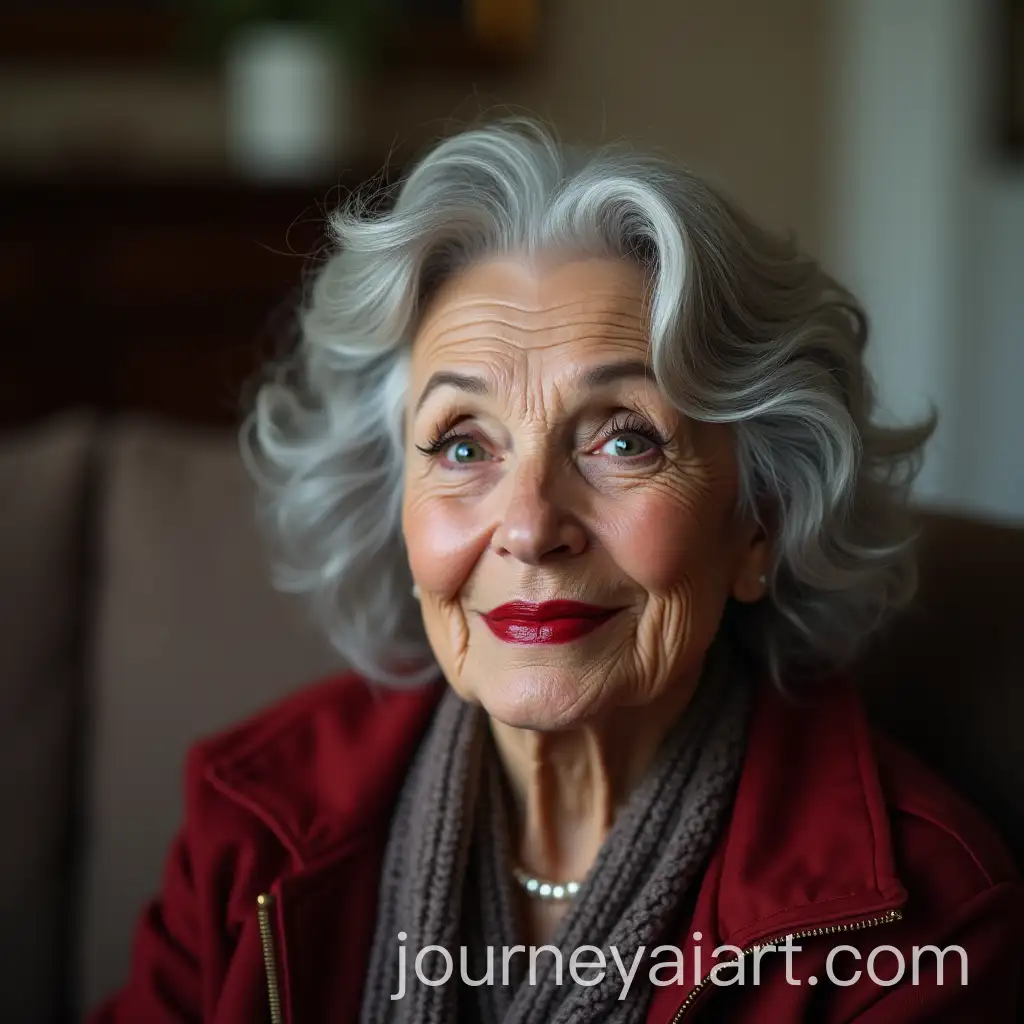 Smiling-Elderly-Woman-with-Fluffy-Gray-Hair-in-Old-Jacket-Sitting-on-Sofa