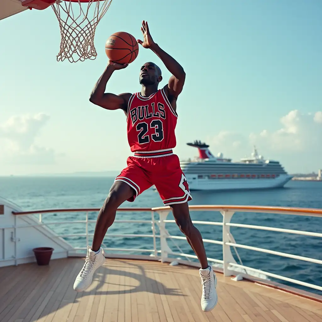 Basketball star Michael Jordan is on the deck of a luxury cruise ship, making his signature slam dunk motion