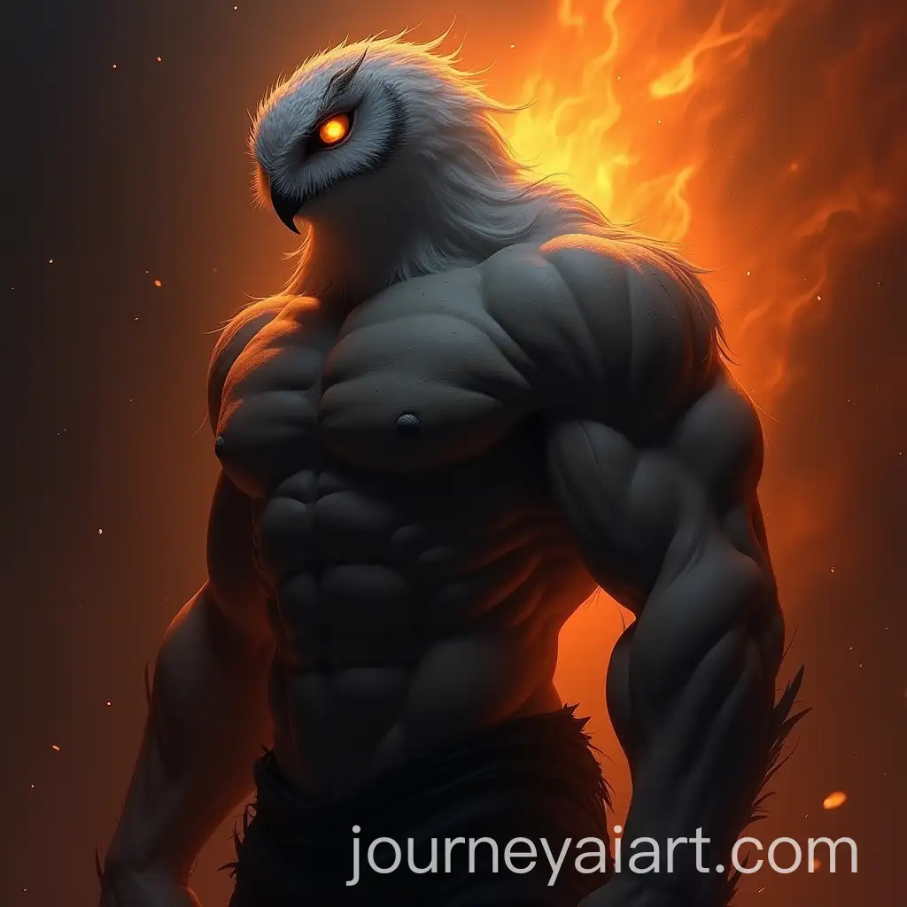 Anime-Character-with-Snowy-Owl-Head-in-Fiery-Ambiance