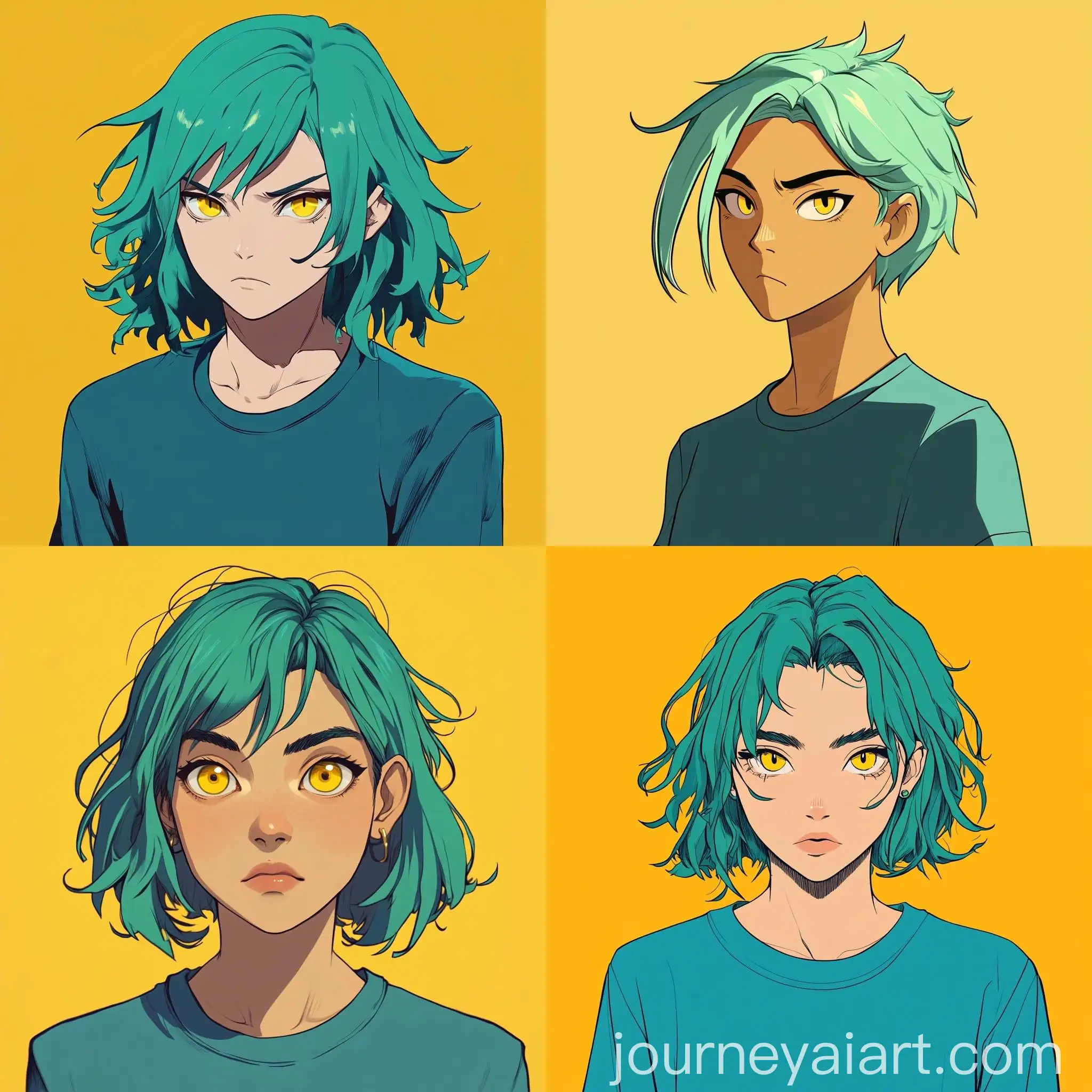 Character-with-Green-Hair-and-Yellow-Eyes-in-Turquoise-TShirt-2D-Style-Art