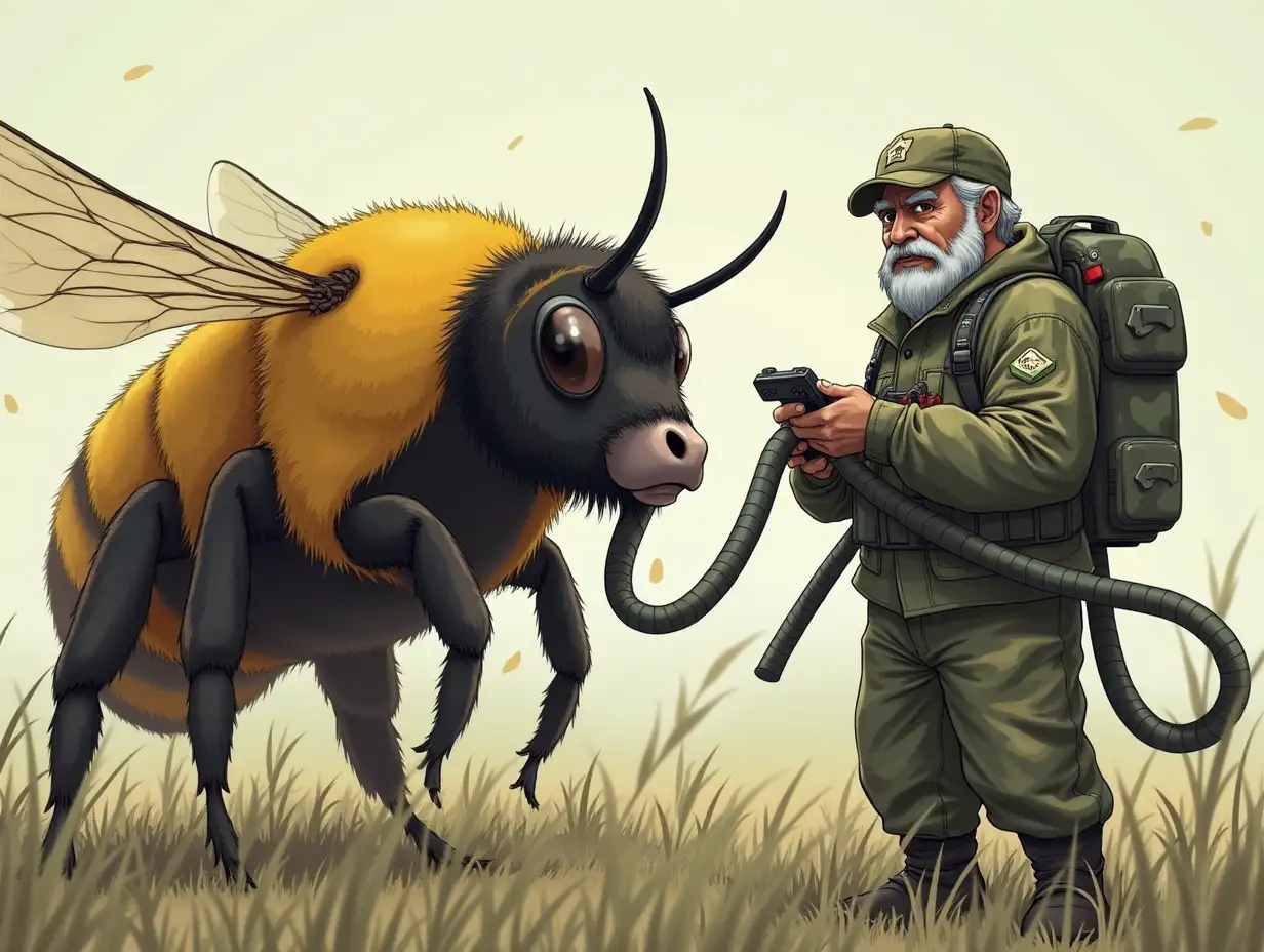 Gray bearded man in camouflage, controlling a big bee with a hose, which looks like a cow with udders. Anime style.