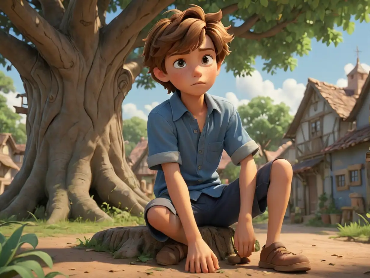 A wide-angle, full-body view of a young boy with brown hair wearing a blue shirt, sitting under a large tree in the center of a village., 3d disney inspire