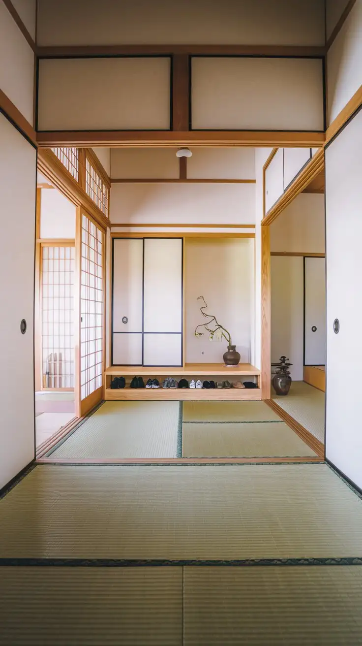 Wide shot, genkan entryway of a modern Japanese home, bright natural light, minimalist shoe cabinet made of light wood with sliding doors, tatami mat floor, simple ikebana flower arrangement in a ceramic vase, uncluttered, clean lines, zen atmosphere, wide angle lens, realistic, natural colors, morning light --ar 16:9 --zoom 1.5