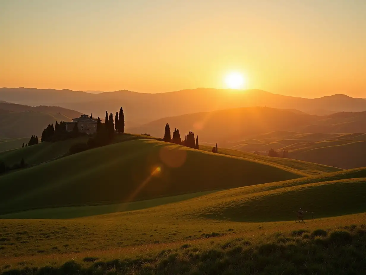 Italy countryside landscape with Tuscany rolling hills  sunset over the farm land