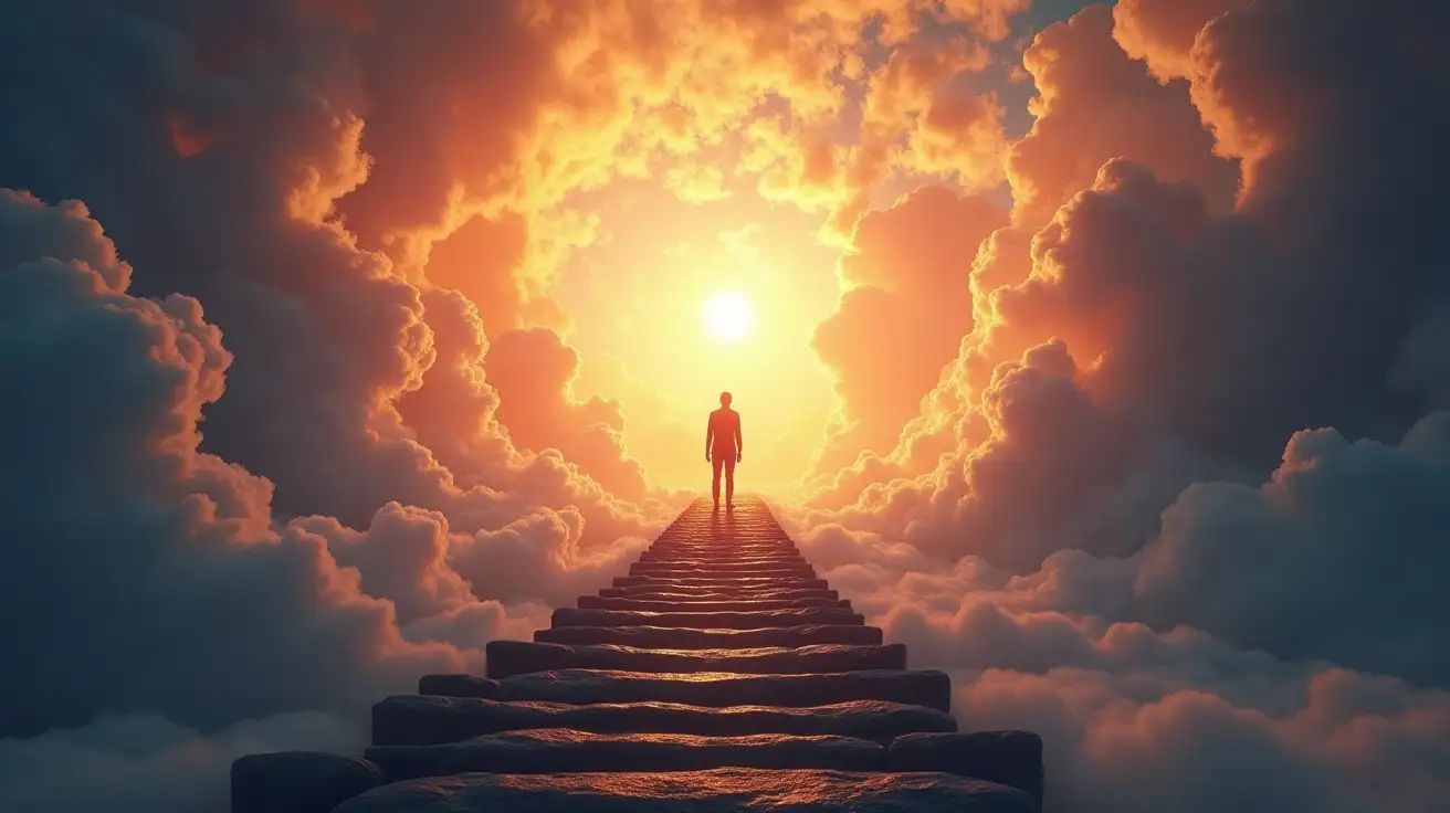 Create an image of a person standing at the top of some stairs looking out over a prosperous and beautiful future in a spiritual and mystical setting.