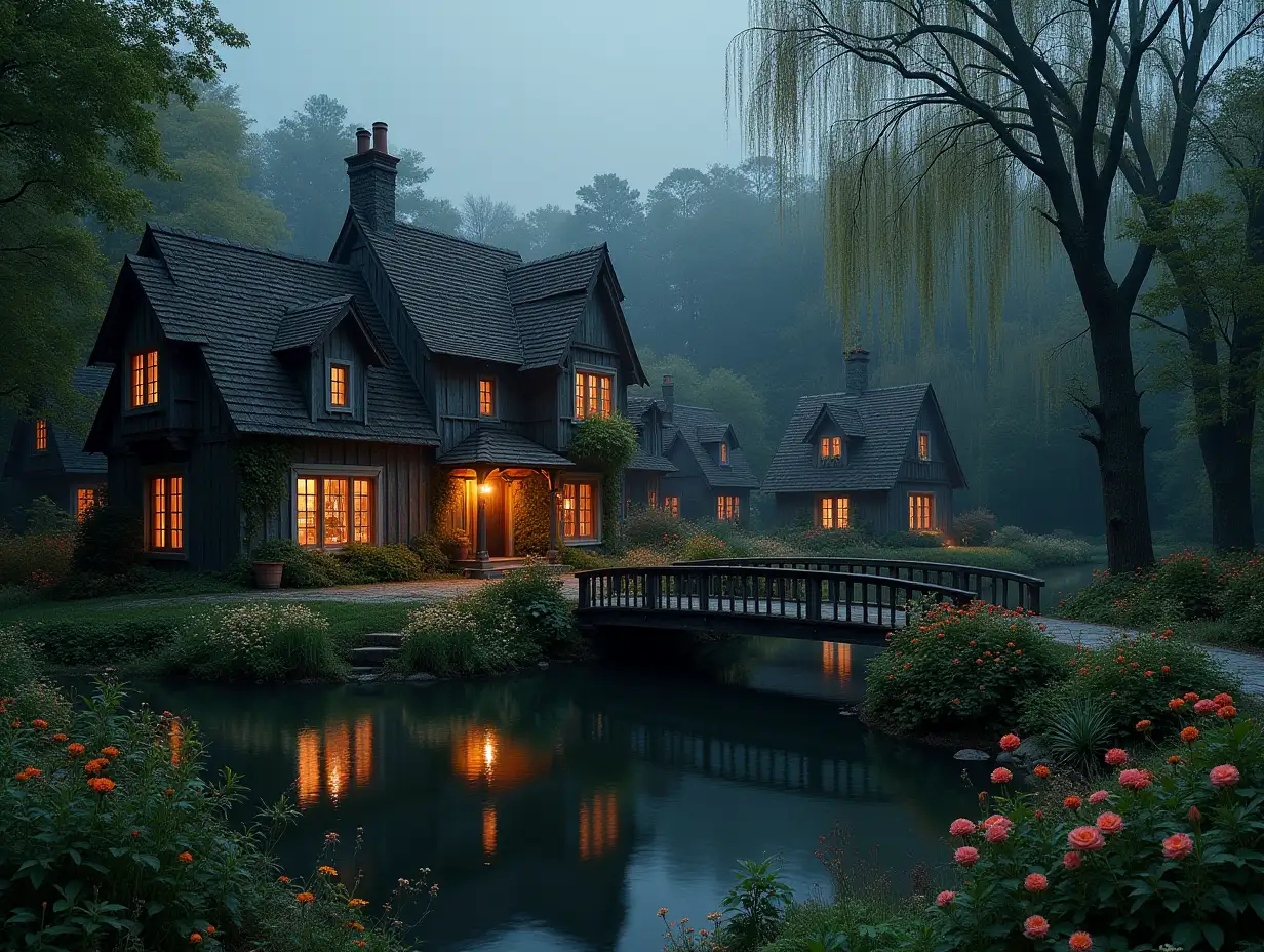 several dreamy old lit houses with many trees in the back and before a pond with many flowers and a bridge to the water