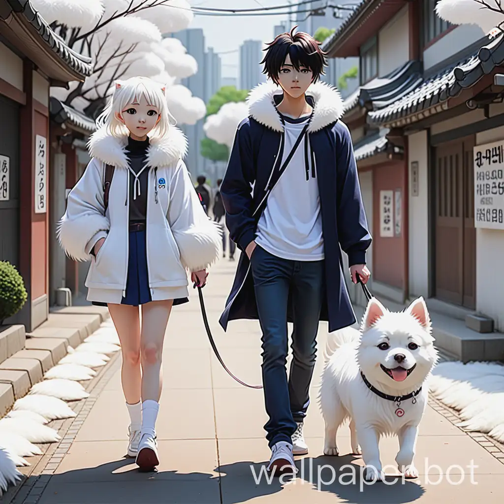 anime girl and a anime boy walking with a white furry dog in korea