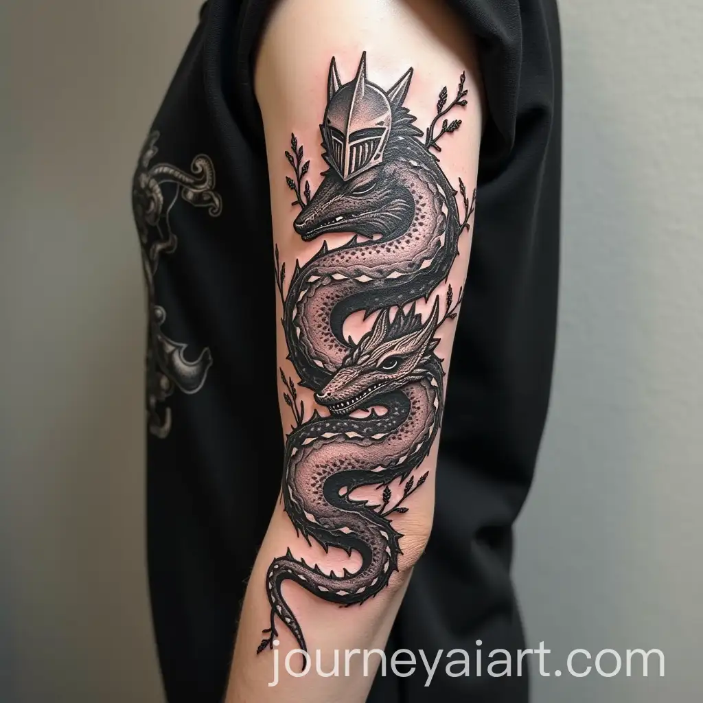 Blackwork-Back-Tattoo-Design-with-Knight-Hydra-Wolf-and-Dragon-Connected-by-Thorny-Vines