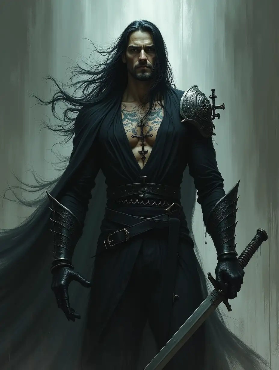 Brutal gothic man, anime style, muscular body, gothic crosses, black long hair, moving action, intricate, masterpiece, cinematic, gothic background, by Greg Rutkowski