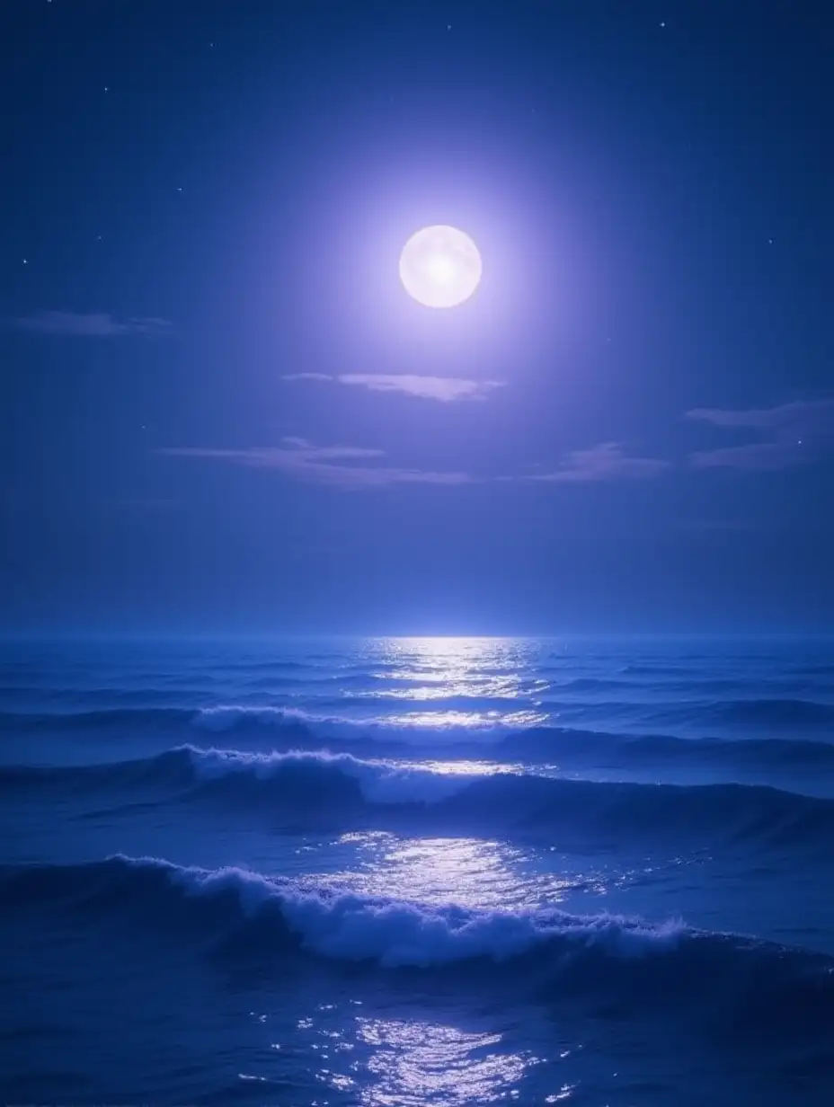 A tranquil nighttime seascape under a glowing full moon, casting its silvery light over calm ocean waves. The water reflects a mesmerizing blend of deep blues and soft purples, creating a dreamlike atmosphere. The sky is a gradient of twilight hues, transitioning from indigo to violet, with faint, wispy clouds adding texture. The scene is serene and mystical, evoking a sense of peace and wonder.