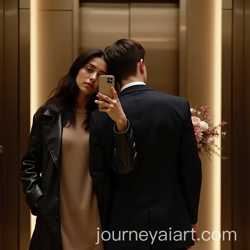 Couple-Taking-a-Selfie-in-Hotel-Elevator-with-Floral-Bouquet