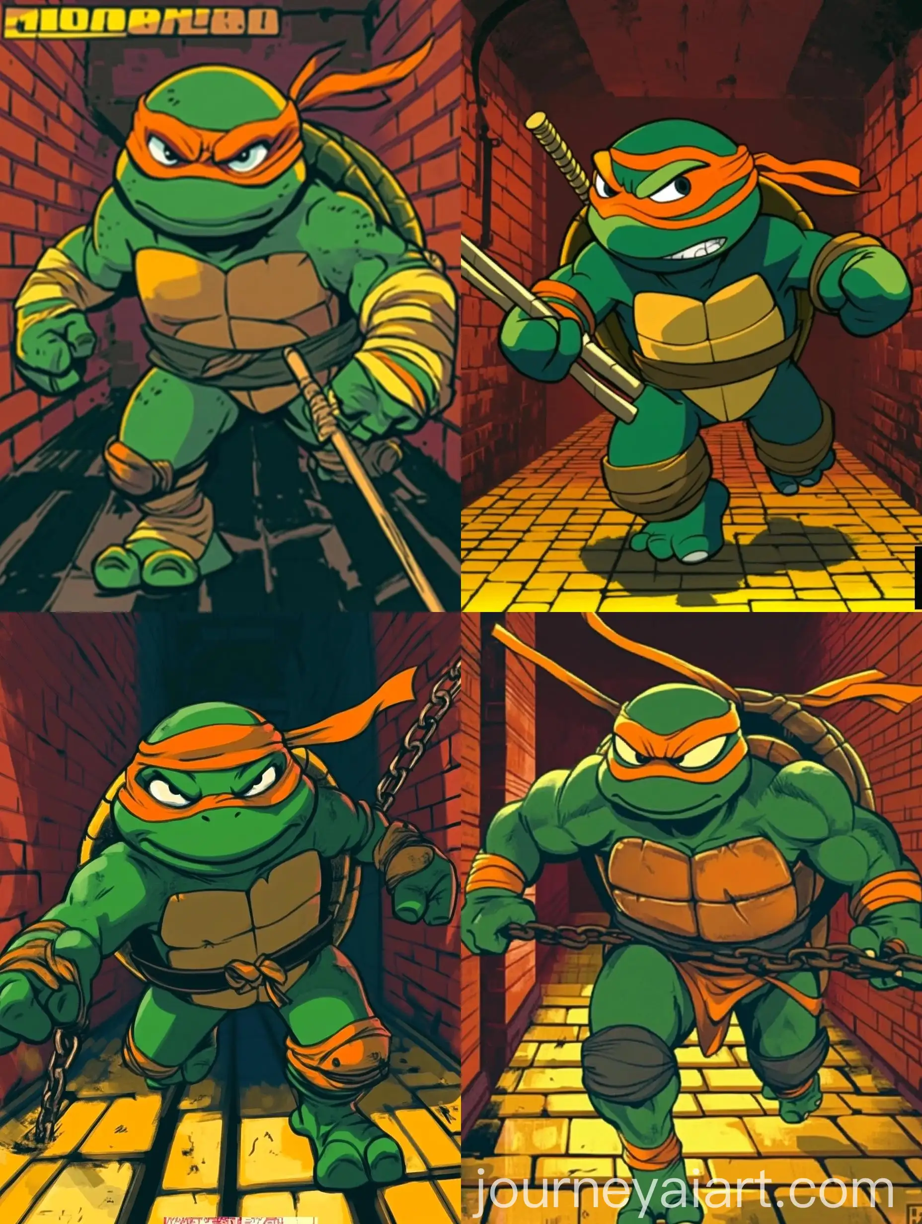 Orange-Headbanded-Ninja-Running-in-Dark-Brick-Corridor