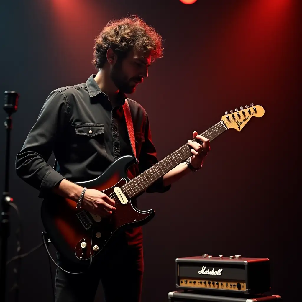 Man playing a guitar standing in front of an amplifier