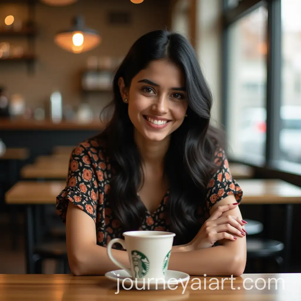 Young-Indian-Woman-with-Silky-Black-Hair-Sitting-at-Starbucks-Cafe-Table