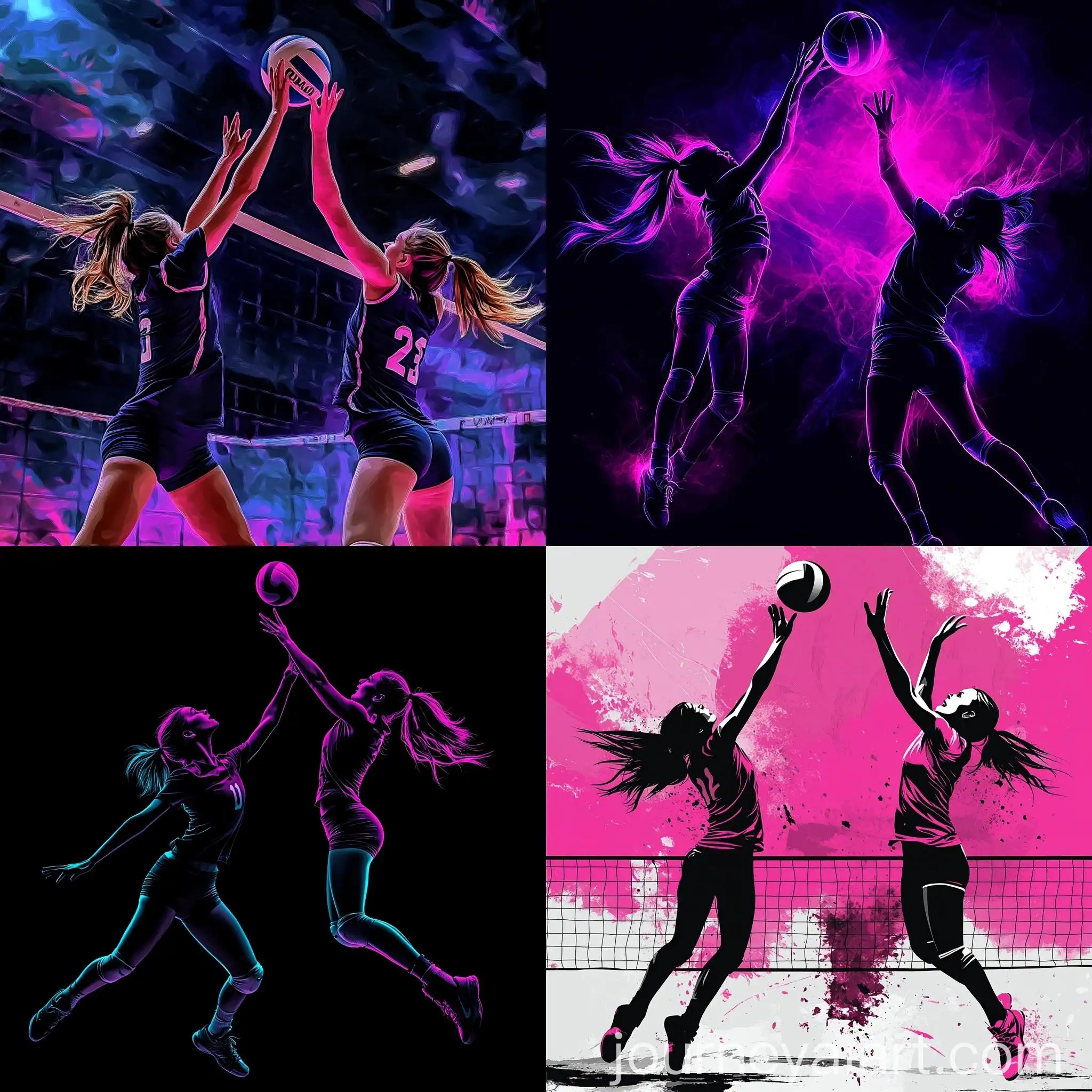 Two-Teenage-Female-Volleyball-Players-in-Action-Realistic-Black-and-Fuchsia-Background-Image