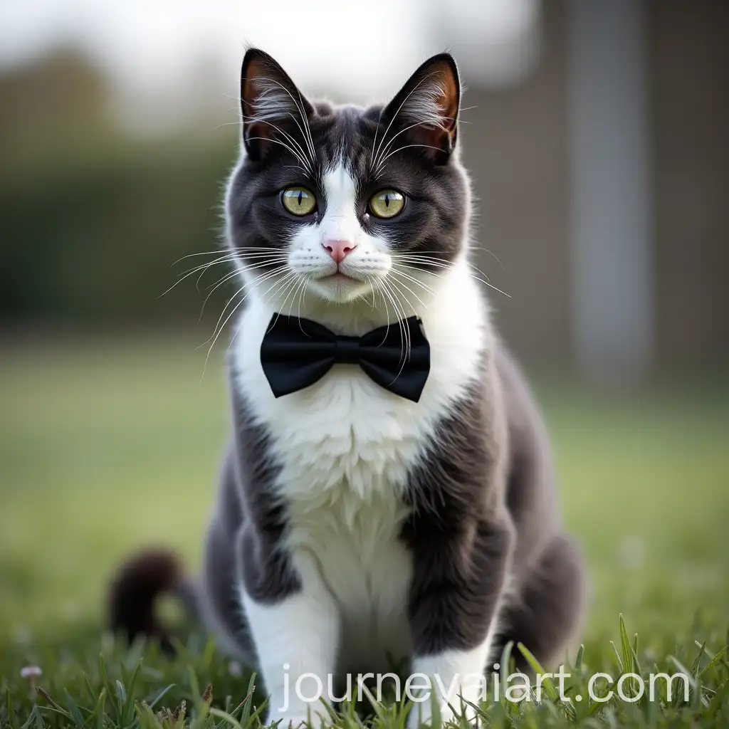Stylish-Black-and-White-Cat-with-Bow-Tie-on-Green-Lawn