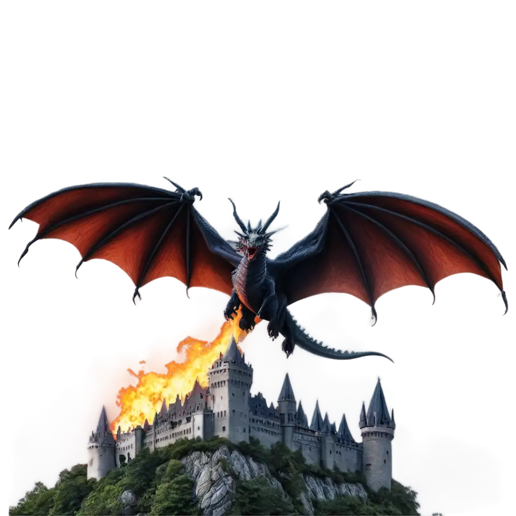 Dynamic-Dark-Fantasy-PNG-Image-of-a-FireBreathing-Dragon-and-Medieval-Castle