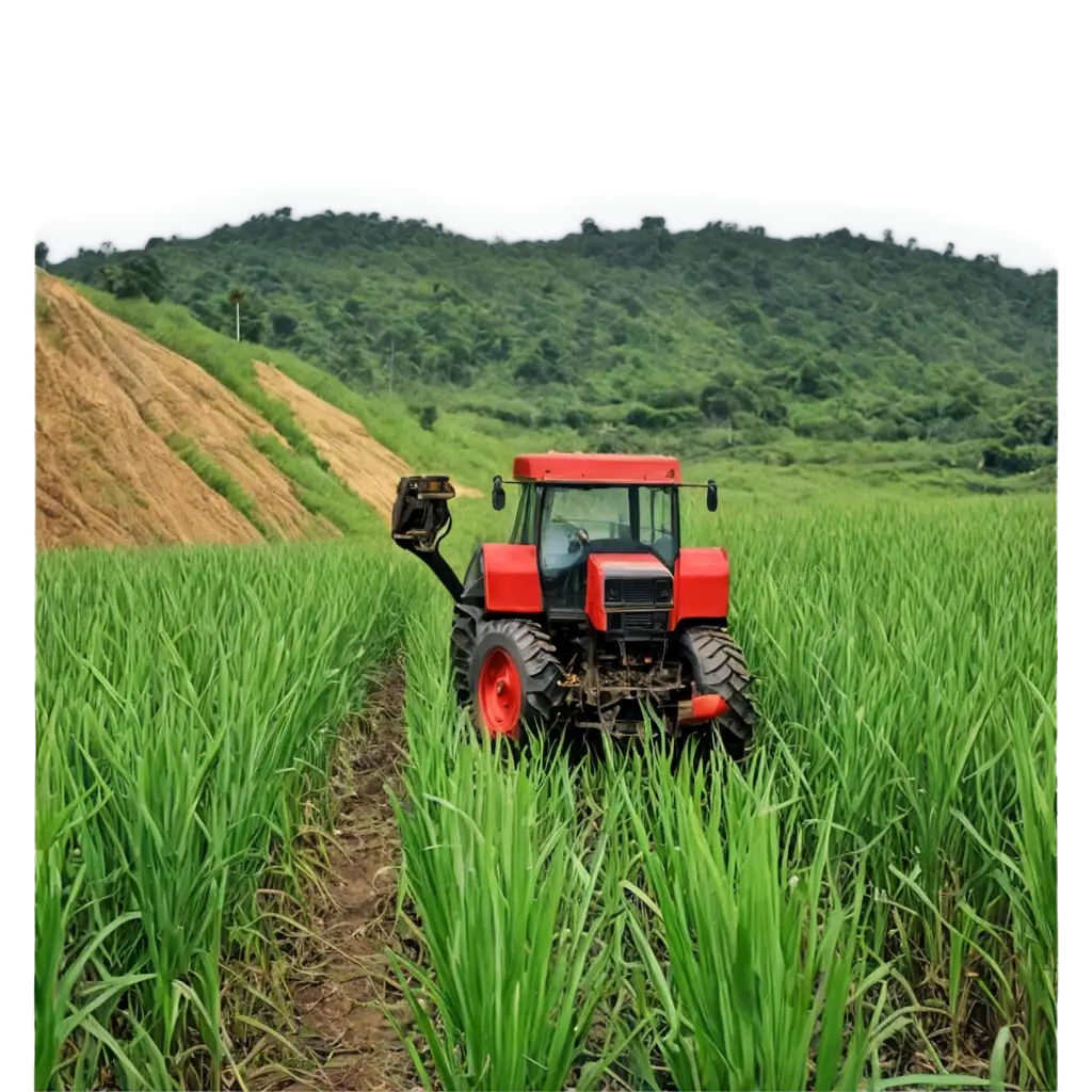 Machine cutting cane in sugarcane field on the hill