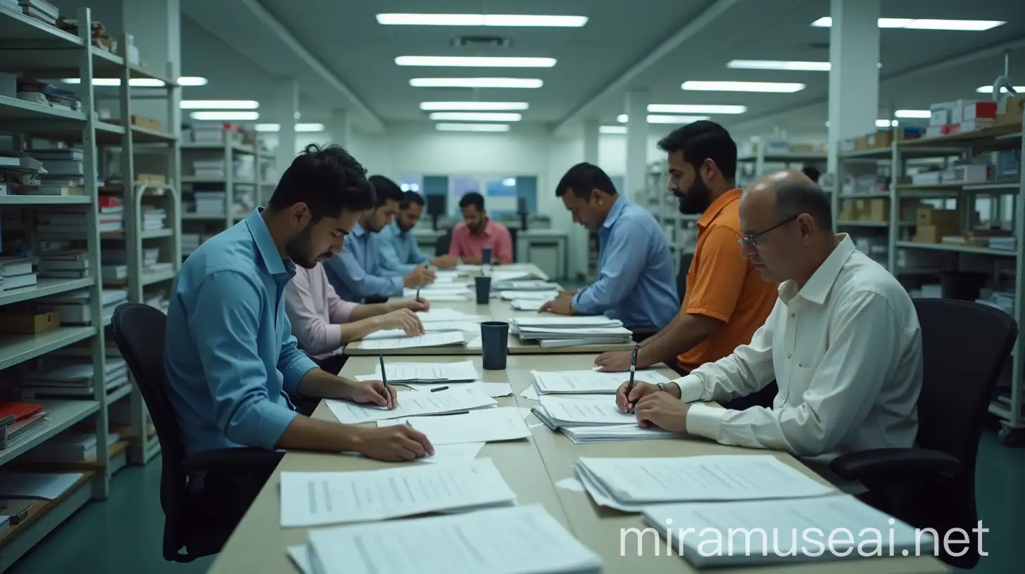 Indian Office Workers Organizing Documents on Open Racks