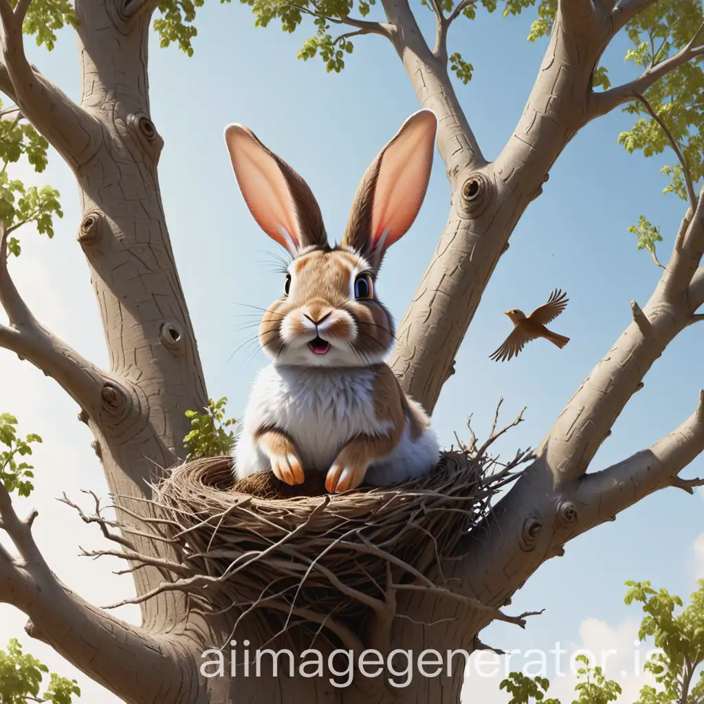 Curious-Rabbit-Observes-Birds-Nest-in-Treetop