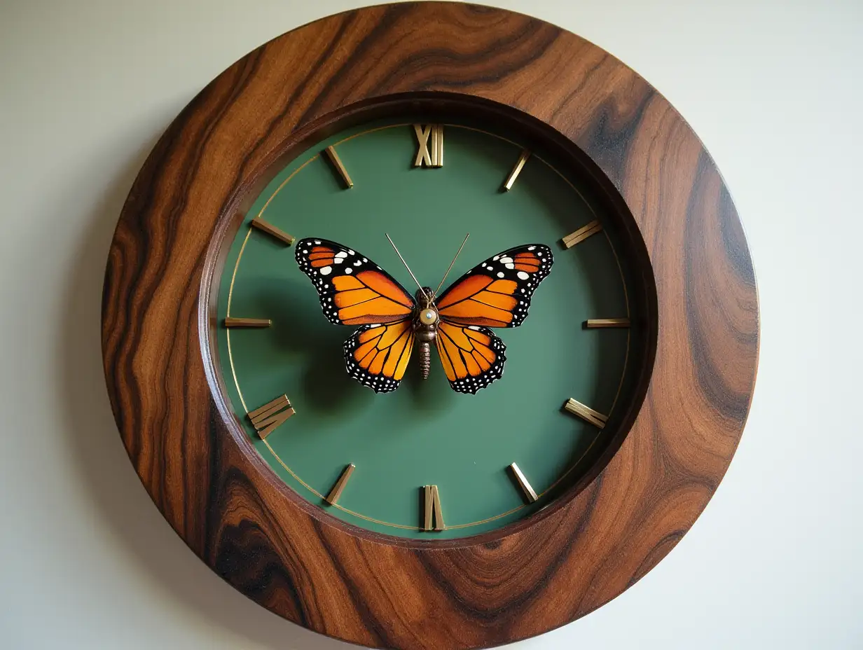 Harz mixed with wood, wall clock with butterfly, green, brown gold black