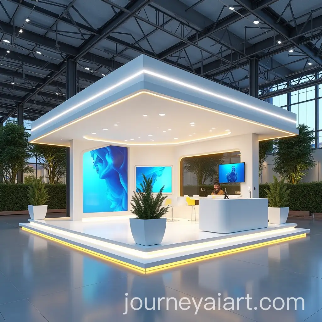 Modern-Elegant-Exhibition-Booth-with-Interactive-Displays-and-Compact-Roof-in-Yellow-and-Blue