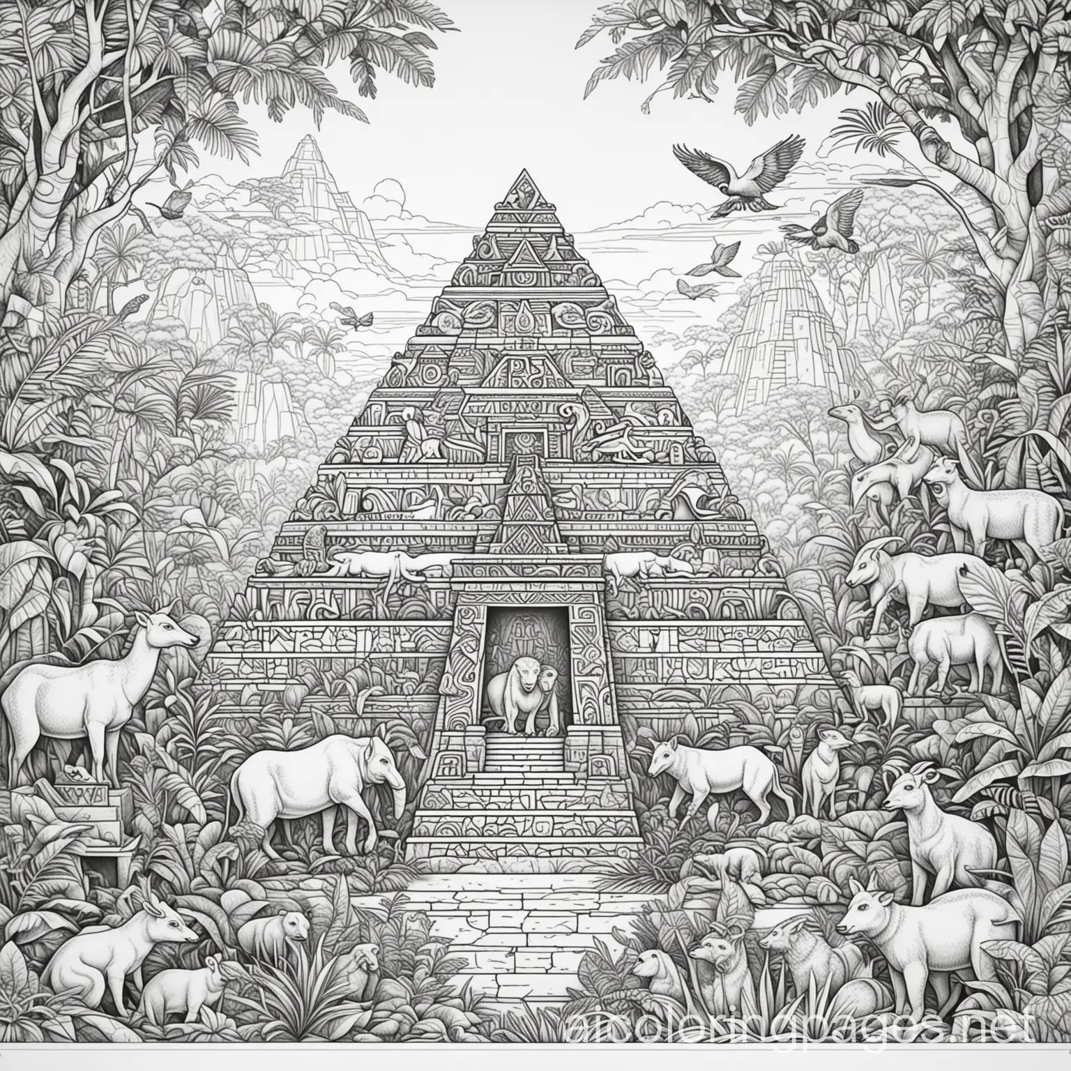 Aztec pyramid with rainforest animals around it, Coloring Page, black and white, line art, white background, Simplicity, Ample White Space. The background of the coloring page is plain white to make it easy for young children to color within the lines. The outlines of all the subjects are easy to distinguish, making it simple for kids to color without too much difficulty