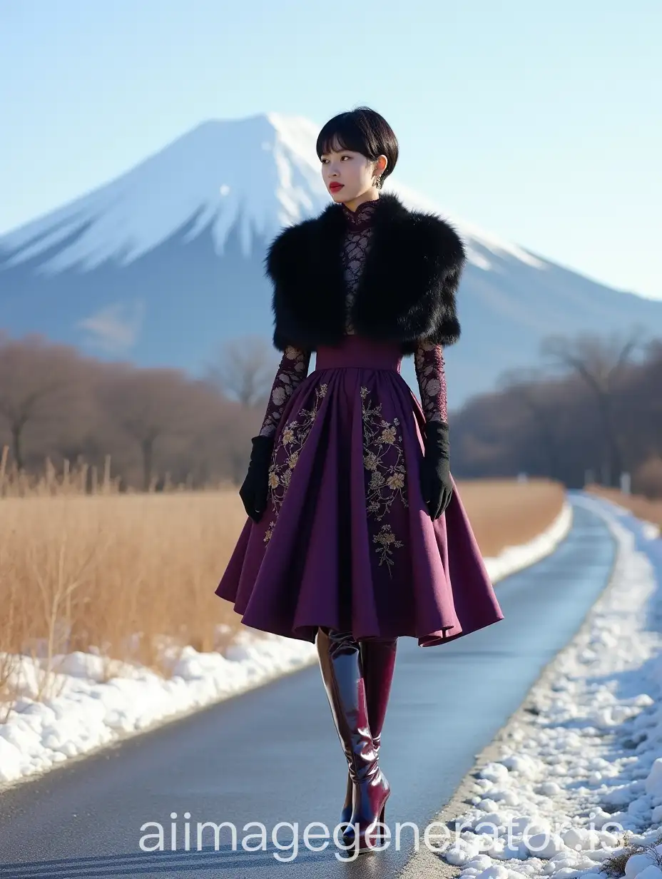 Japanese-Model-in-Dandy-Fashion-on-Snowy-Path-with-Mount-Fuji-in-the-Background