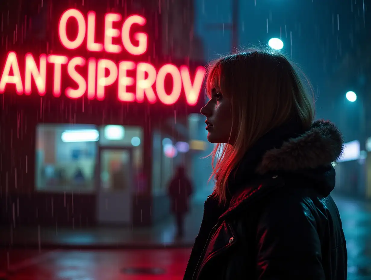 Hyper details and shaprness, rainy weather, lady 35 years stands in front of a large neon sign 'OLEG ANTSIPEROV', night street, cyberpunk.