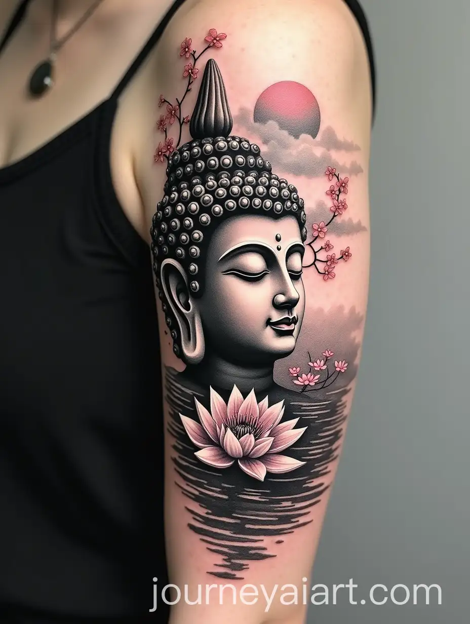 Black-and-White-Buddha-Head-Tattoo-with-Lotus-Cherry-Blossoms-and-Sun