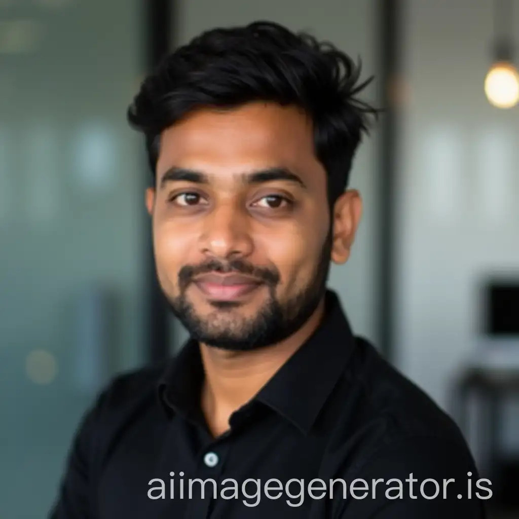 A 21-year-old Indian man poses for a LinkedIn profile photo, wearing a black shirt and maintaining a neutral expression against a professional background.