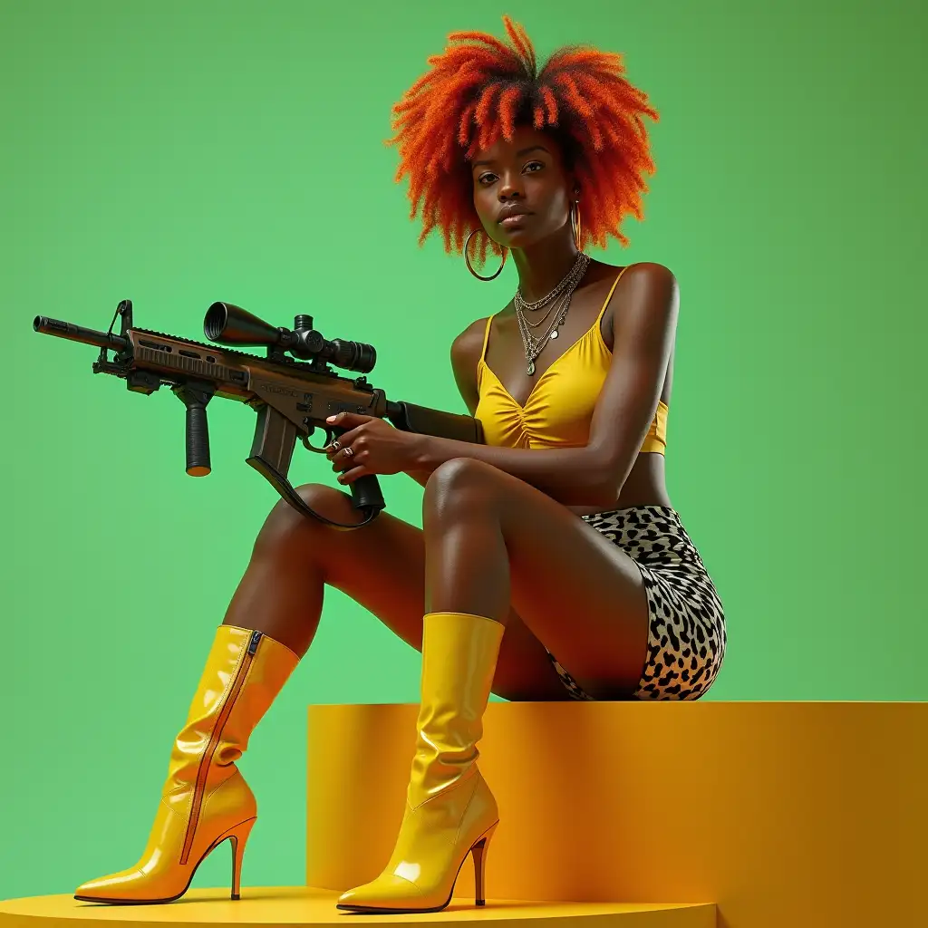 Ultradetailed hyperrealistic photo-realistic portrait of a woman with green-orange mixed bright afrolook, golden yellow boots up to the thighs and tight black-white spotted short pants and has a machine gun in her hand on a podium Texture, surfaces and lighting, to give depth, dimension and a colorful photorealistic appearance.