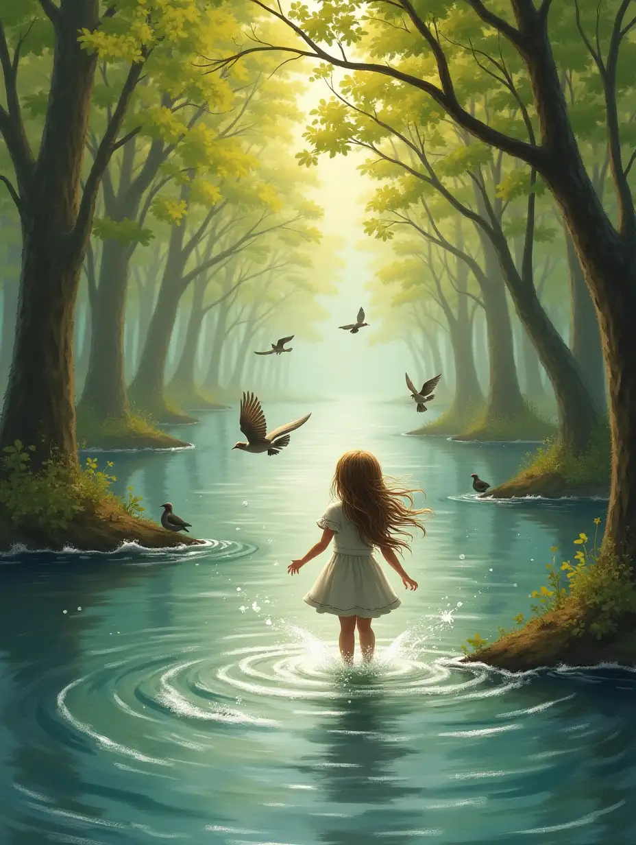 The river lined by trees with the water moving and shinning, birds playing, a little girl with long light brown hair flying and Granny with a long grey braid.