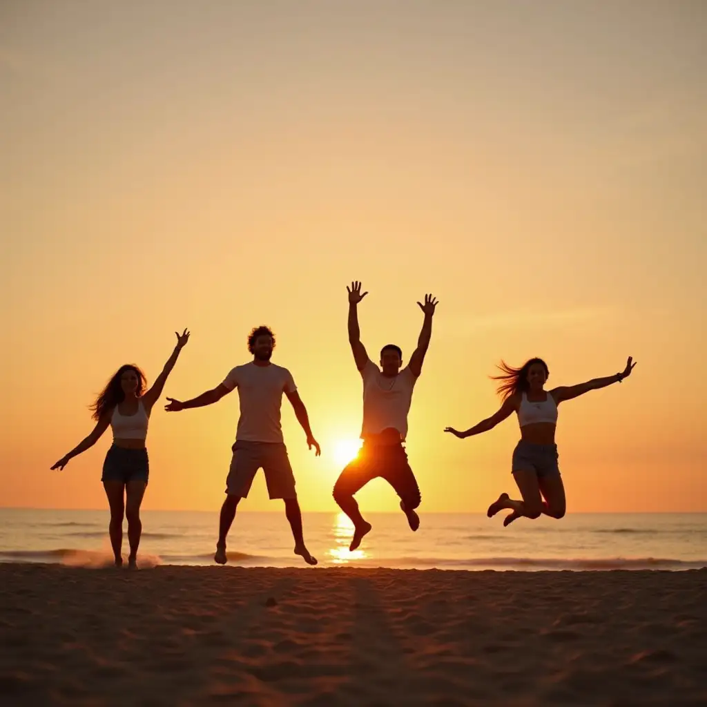 group of men and women playing and jumping on sand at sunset