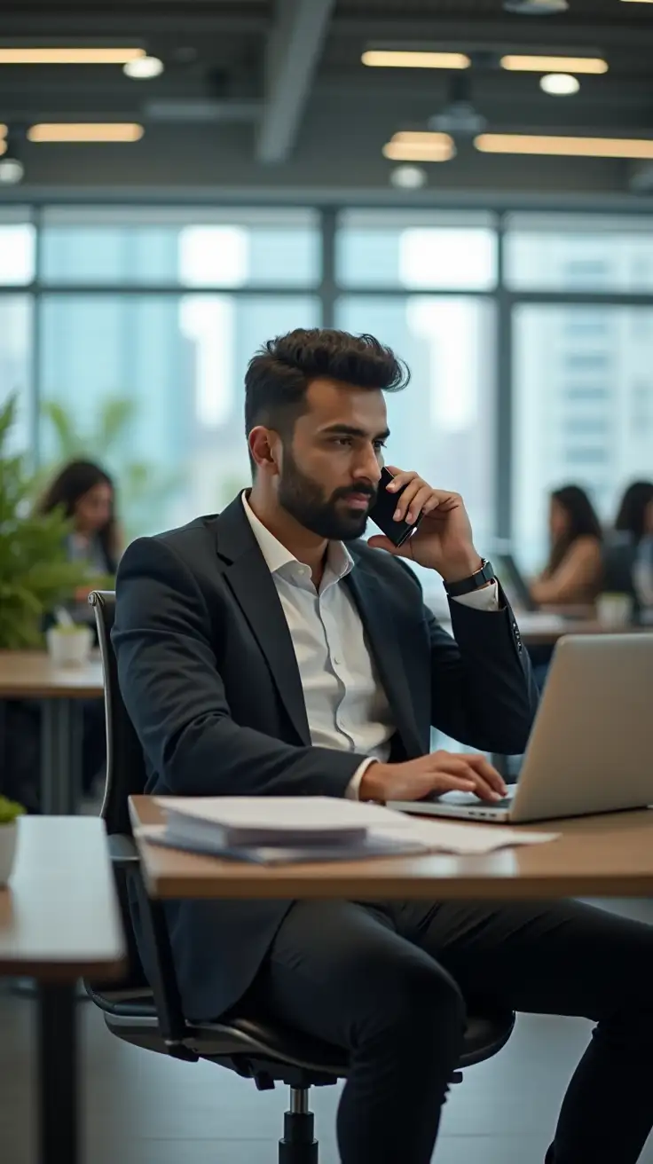 a handsome Indian man sitting at an office desk in front of an open laptop, talking on a smartphone with a focused expression. He is wearing business casual attire – a black coat, white shirt and dark trousers. The office background is busy, with coworkers moving, desks filled with paperwork, computers, and indoor plants. Bright indoor lighting with a window in the background showing a cityscape. The atmosphere is professional and dynamic, representing a modern corporate environment.