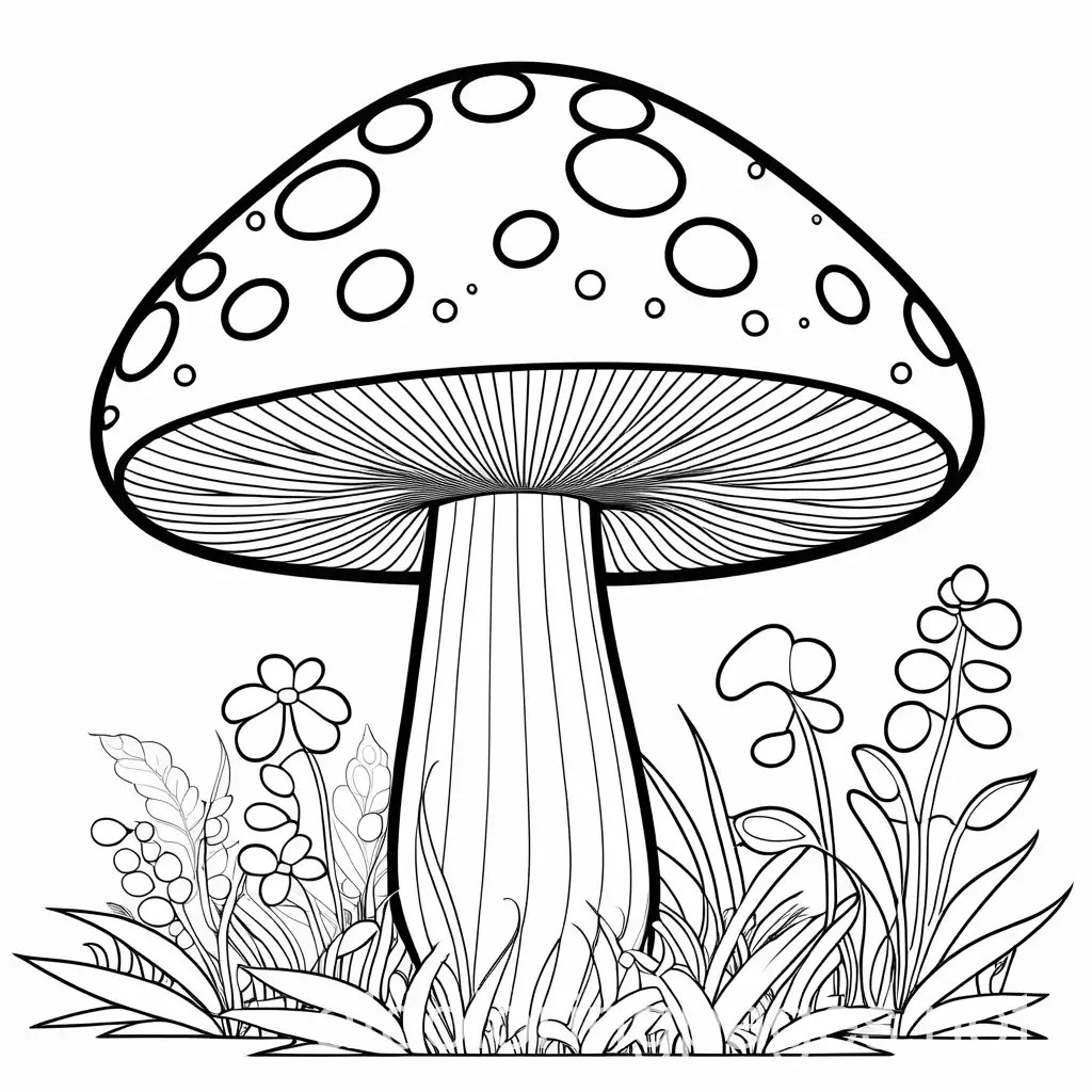 one mushroom, Coloring Page, black and white, line art, white background, Simplicity, Ample White Space. The background of the coloring page is plain white to make it easy for young children to color within the lines. The outlines of all the subjects are easy to distinguish, making it simple for kids to color without too much difficulty