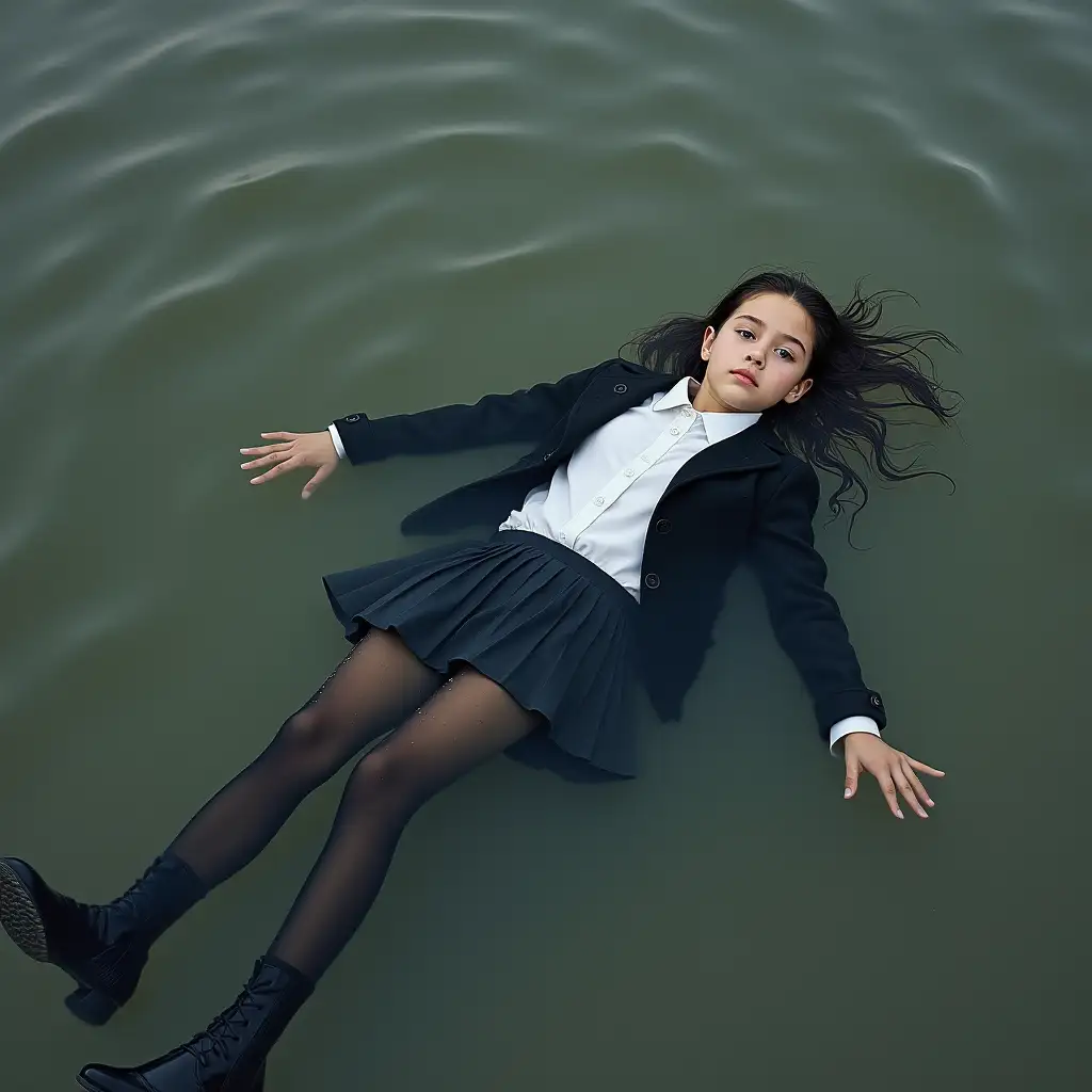 A young schoolgirl in a school uniform, with a skirt, jacket, blouse, dark tights, high-heeled shoes. She is swimming in a dirty pond, lying underwater, fully wet clothes, wet clothes stick to the body, all the body under water, immersed in water, under the water surface, below the water line.