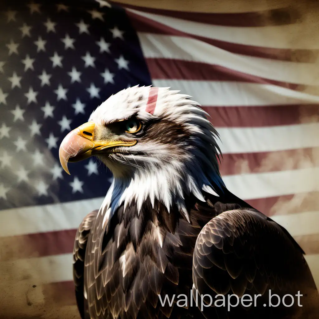 BALD EAGLE WITH AN AMERICAN FLAG ON IT, FADED