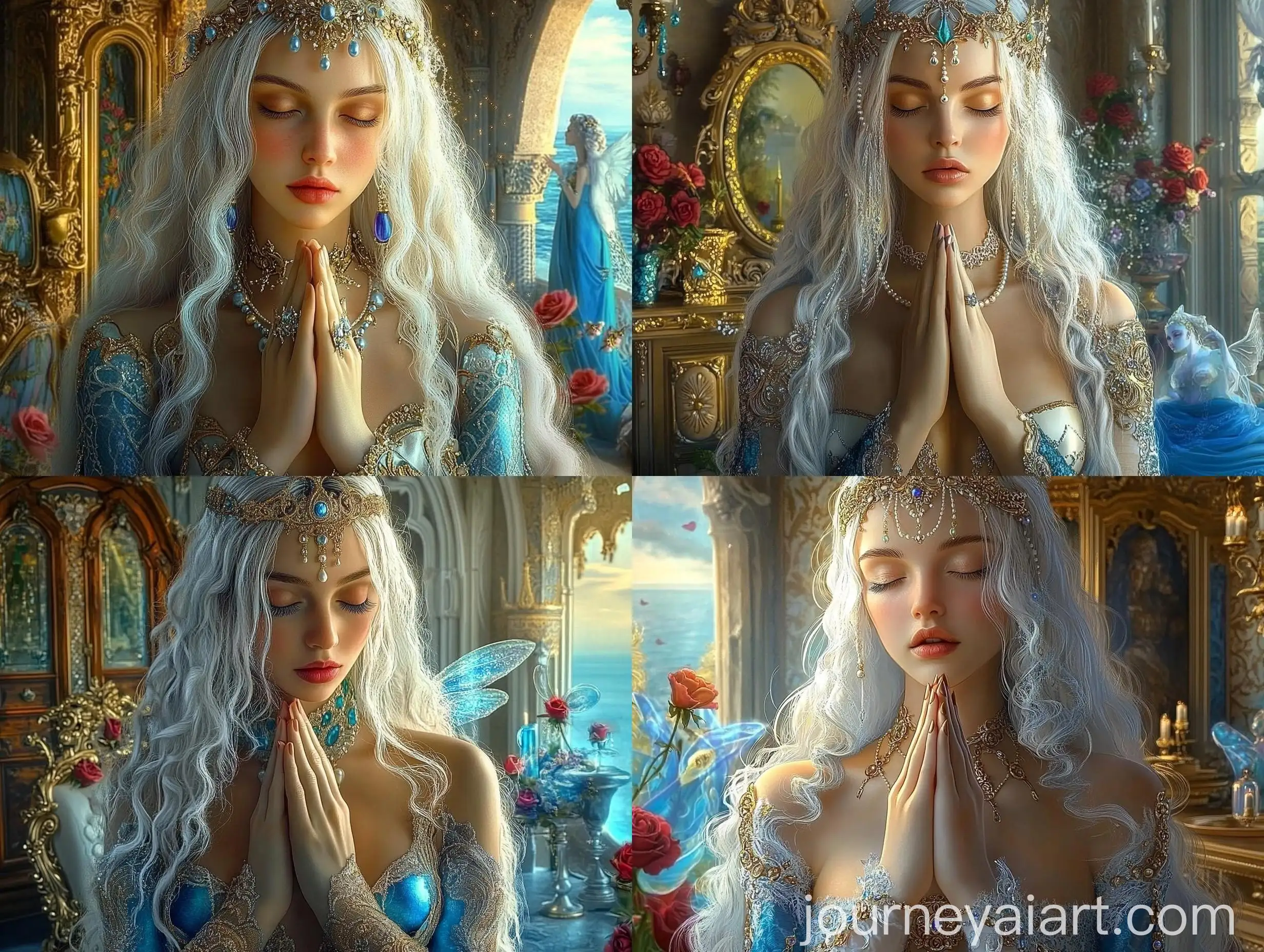 Medieval-Woman-in-Prayer-with-Fairies-and-Luxury-Decor