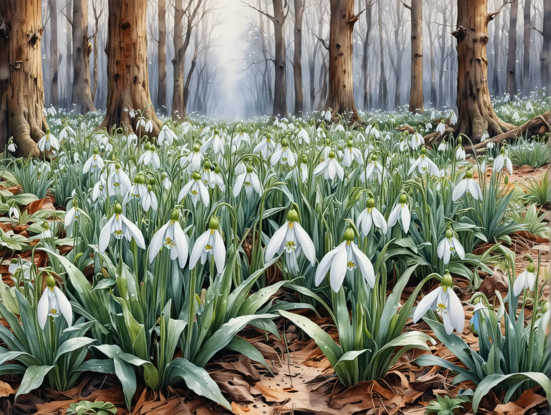 Snowdrops-in-the-Forest-Detailed-Watercolor-Illustration