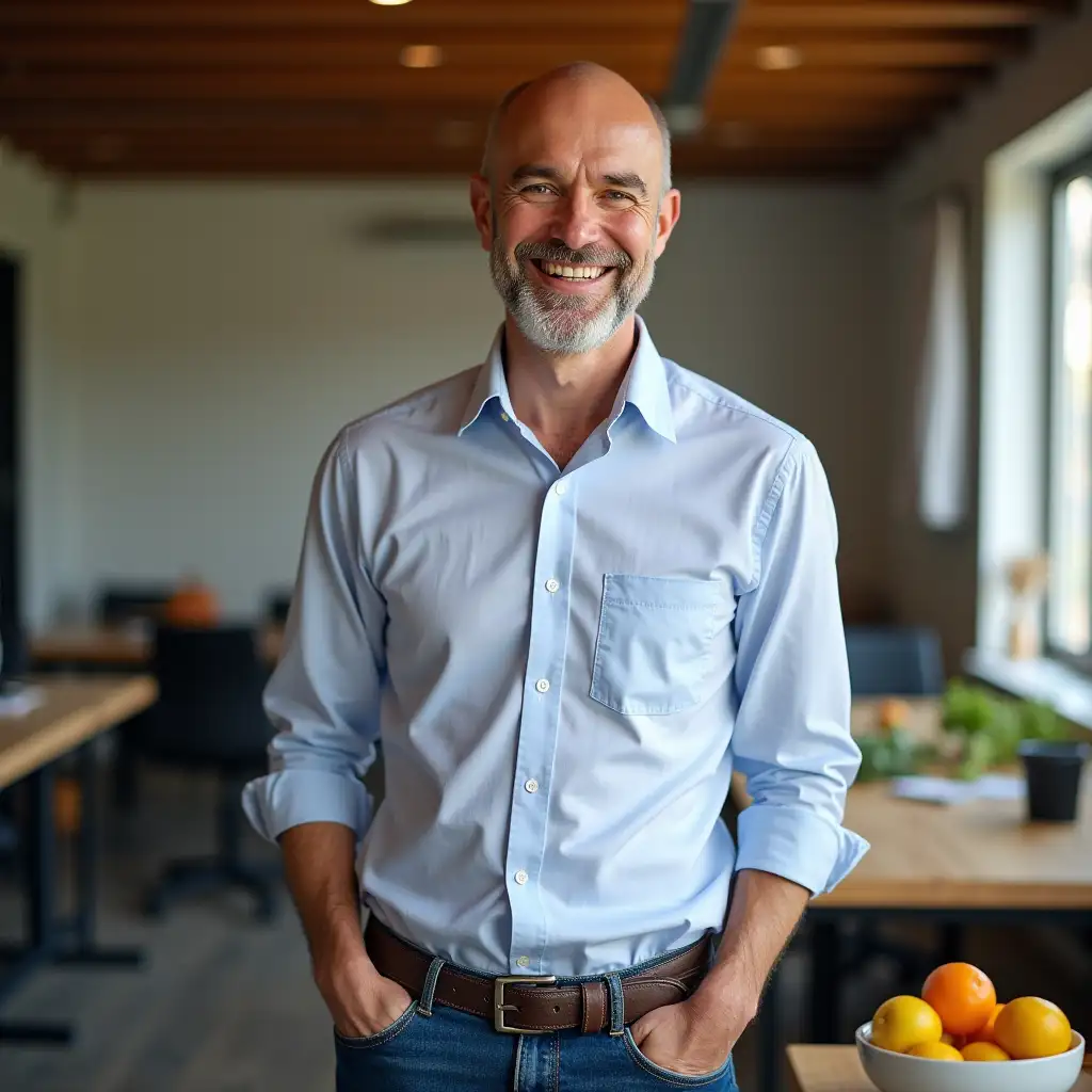 a university professor. shirt, jeans. bald, with light stubble. smiling, standing with hands in pockets. standing at a table. bright. juicy.