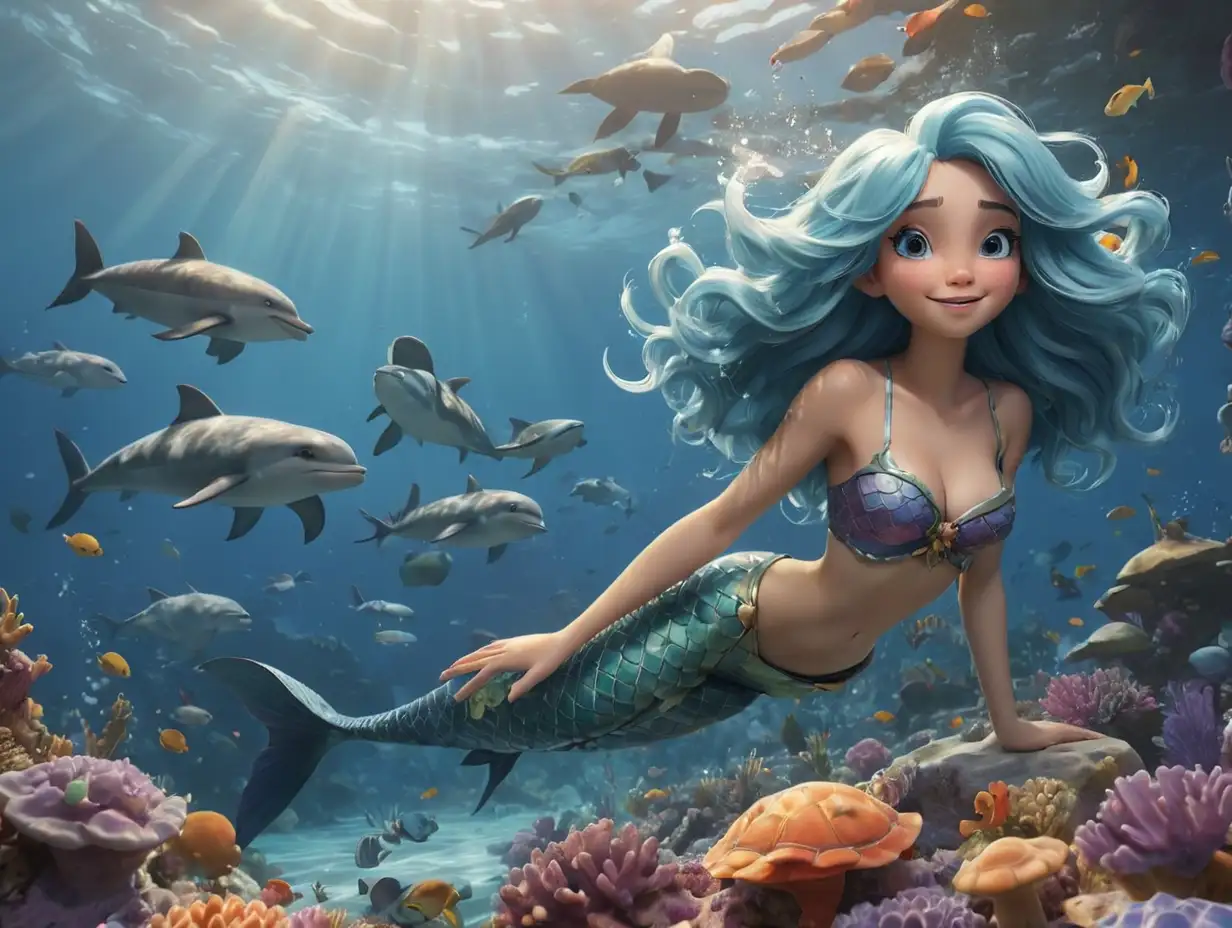 A wide-angle, distant side-view image of a blue-haired mermaid swimming happily with dolphins and sea turtles in an underwater mermaid kingdom filled with beautiful, colorful corals., 3d disney inspire