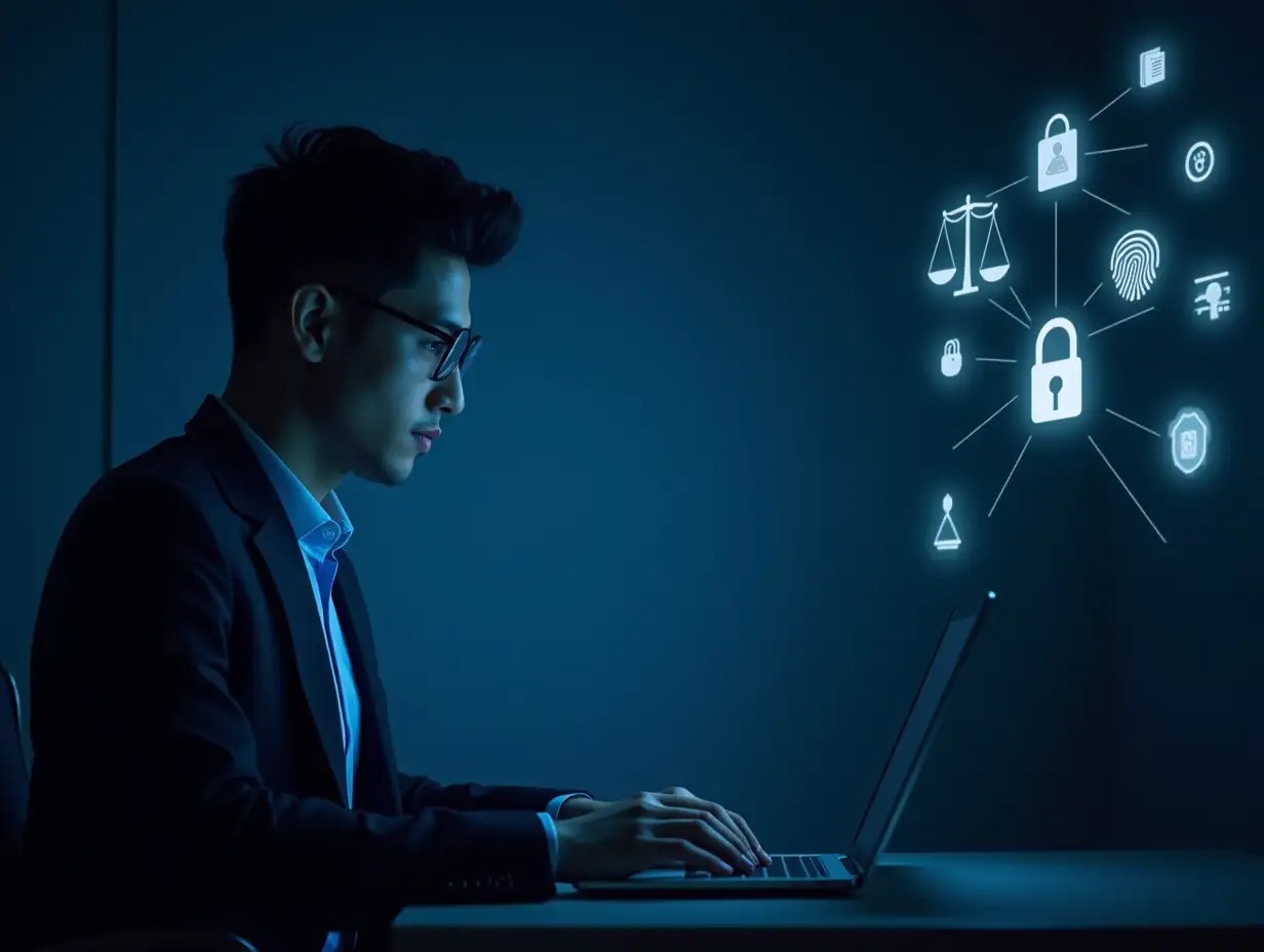 A young, confident lawyer in a modern, minimalist office working late on a laptop. The Vekalink website is visible on the screen. The office is lit with a soft, professional blue light, creating a sense of trust and innovation. To his right, a series of stylized, glowing icons float in the air, connected by elegant lines, symbolizing the intersection of legal services and technology. These icons include a prominent set of scales of justice, a secure lock representing data security, a digital document icon, a fingerprint scan symbolizing authentication, and a connecting link icon representing the 'link' in Vekalink. The right side of the image has ample empty space for adding text and branding elements. Digital art, high resolution, 8k, realistic, focus on trust and innovation.
