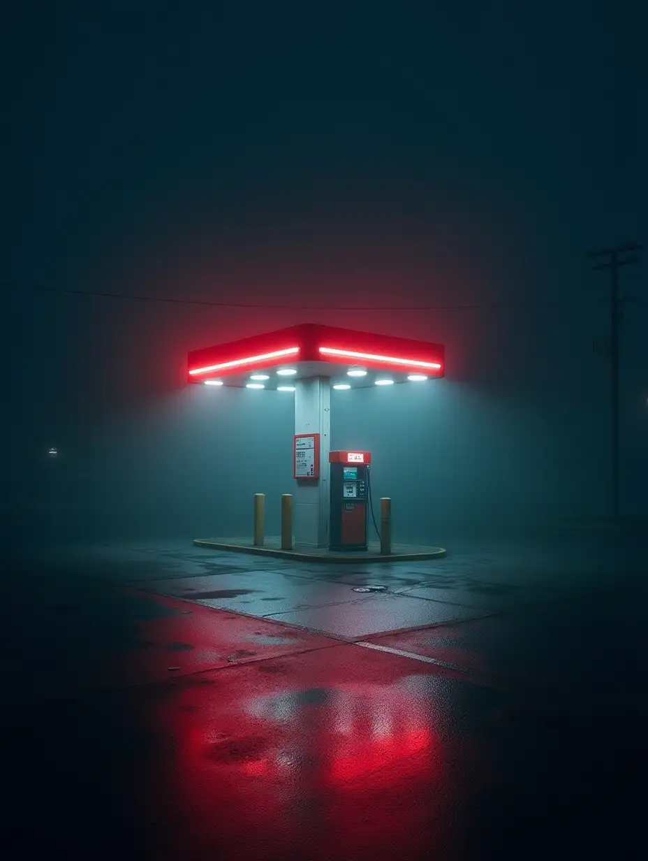 Illuminated-Modern-Gas-Station-at-Night-with-Reflective-Asphalt